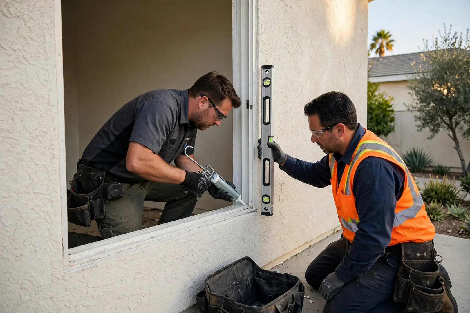 Technician reviewing bay window replacement estimate with a homeowner in West Covina