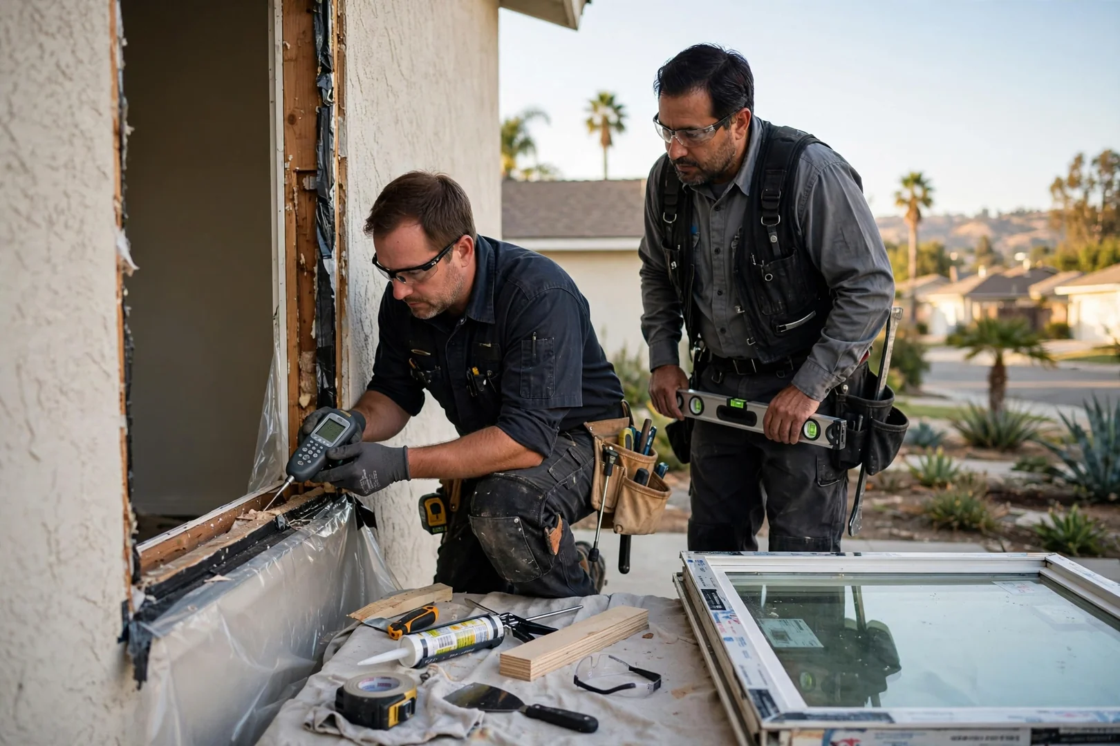 Technician measuring a projecting bay window assembly on a West Covina home exterior