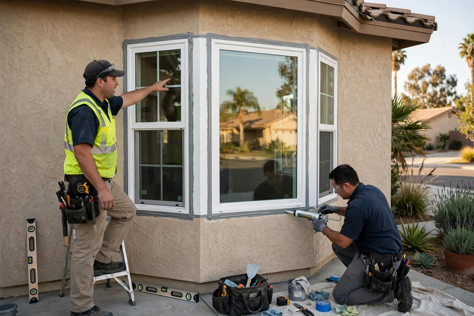 Finished three-lite angled bay window on a West Covina stucco home exterior