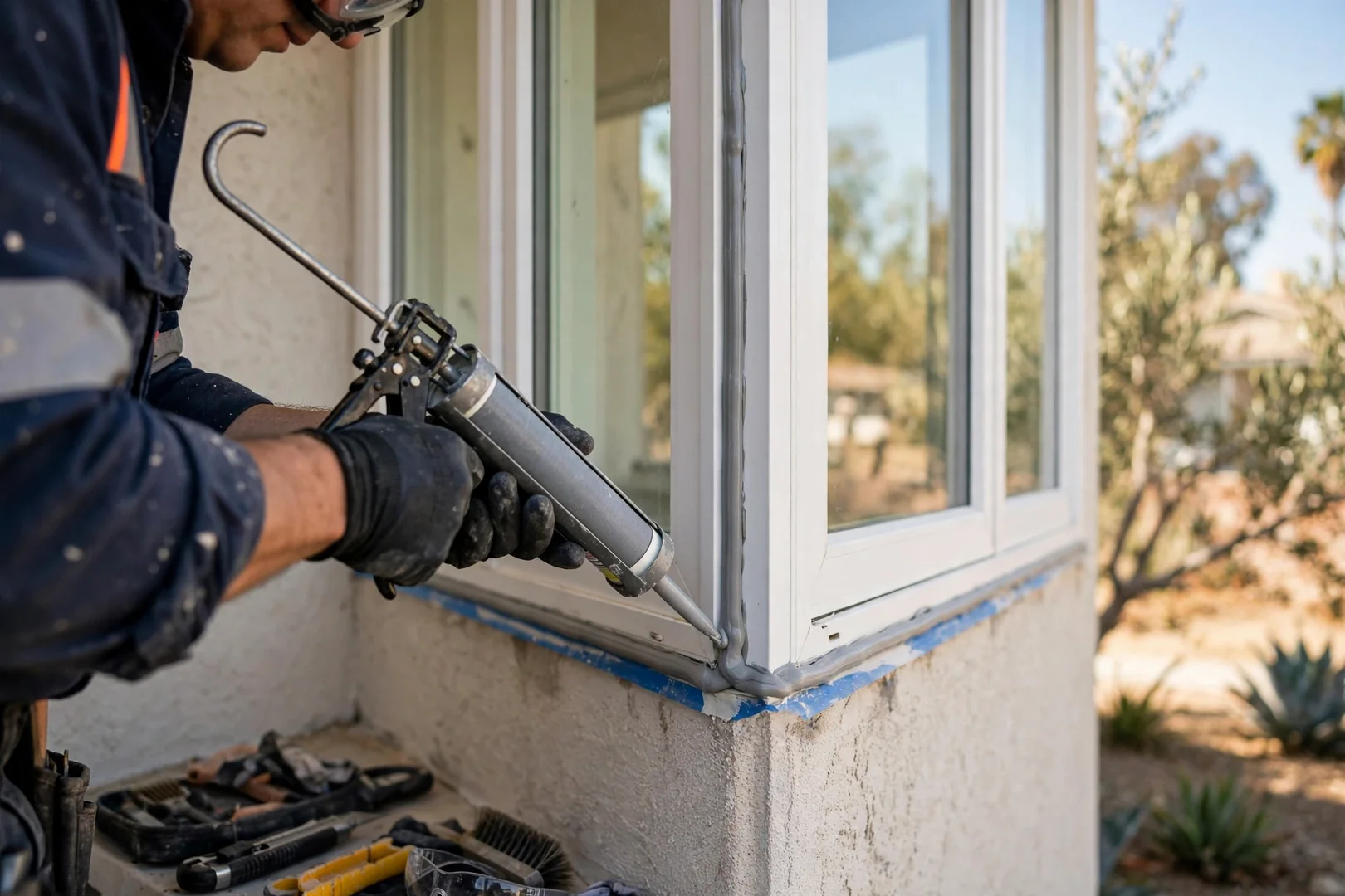Close-up of low-modulus sealant applied along a new bay window perimeter joint