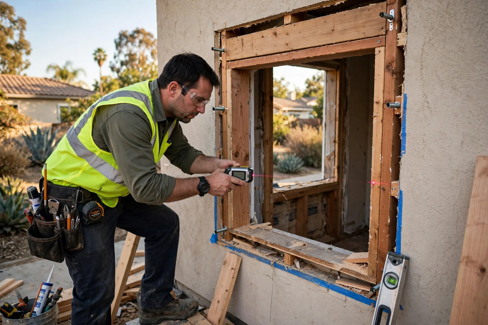 Technician laser-measuring a squared rough opening before bay window frame installation