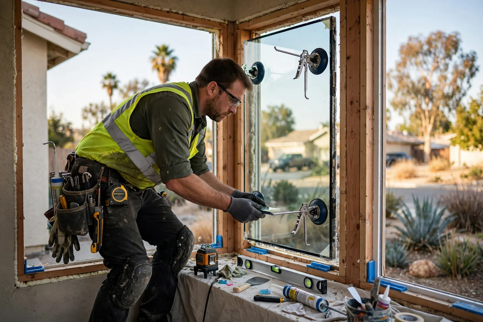 Insulated glass unit being set into a new bay window sash frame