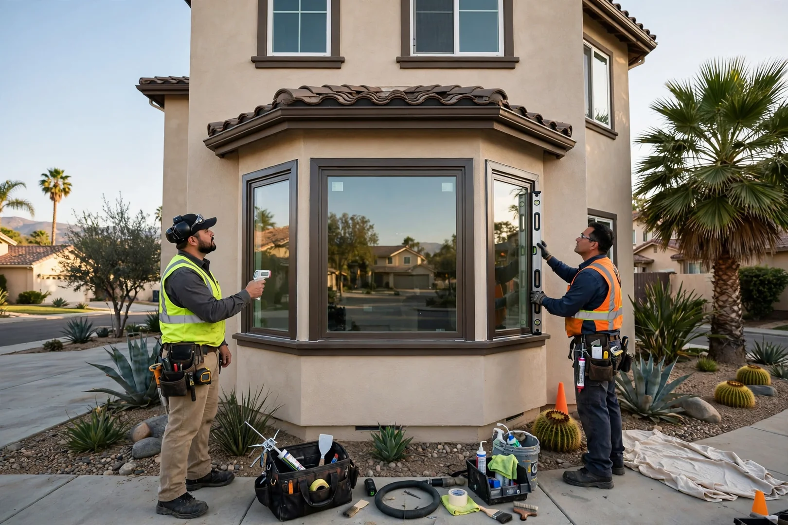 Wide shot of two-story home with five-lite bay window replacement completed