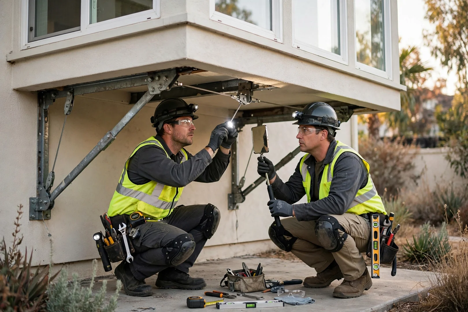 Support cables and knee braces inspected beneath a cantilevered bay window assembly