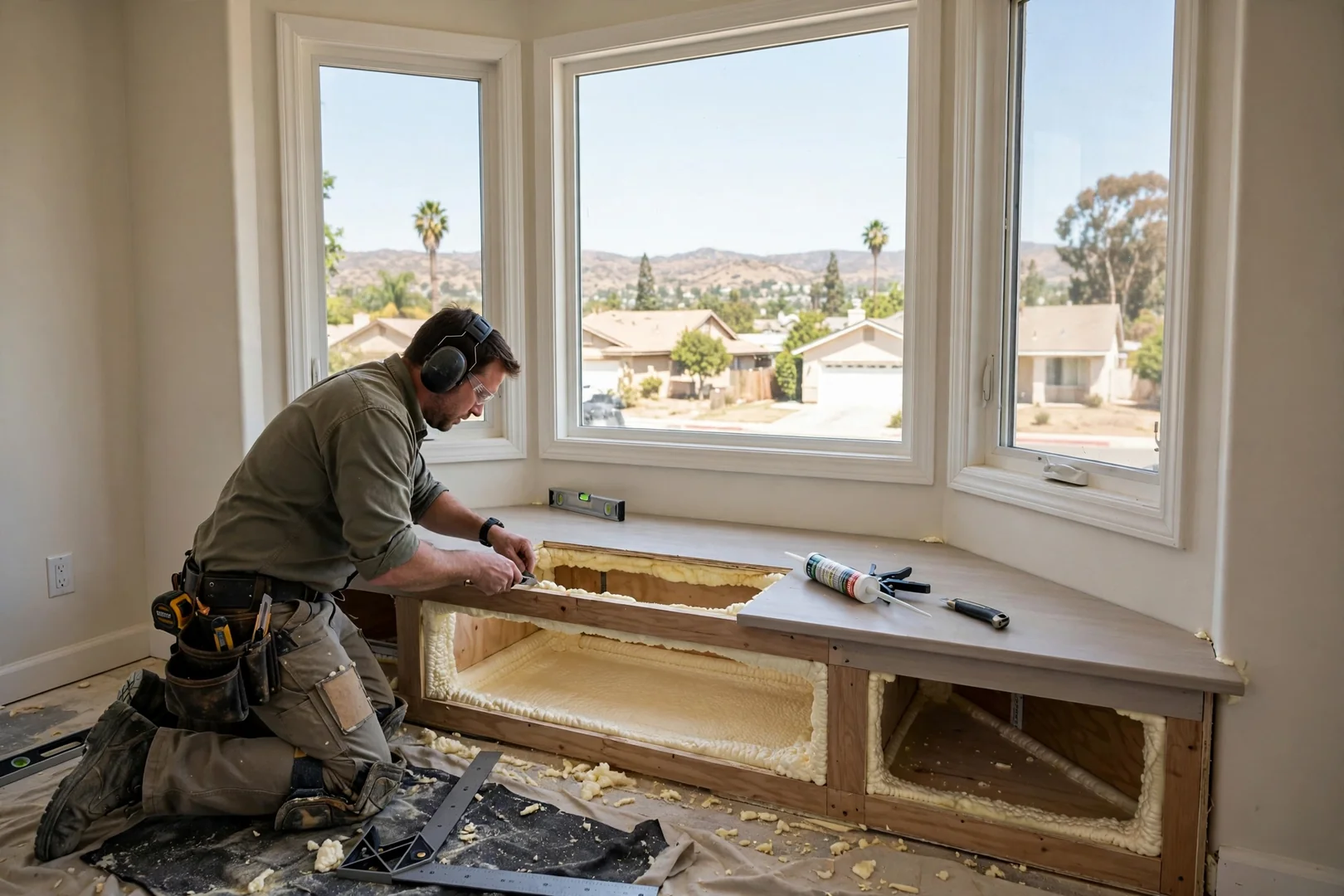 Interior view of finished bay window seat board with insulated cavity trimmed out