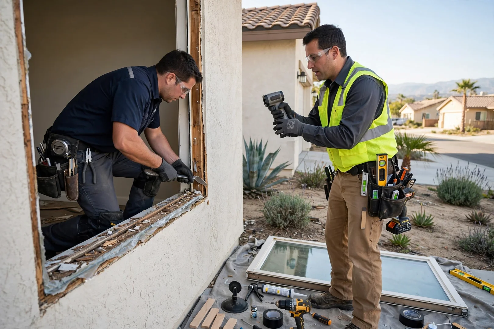 Technician measuring a curved bow window opening during a cost assessment in West Covina