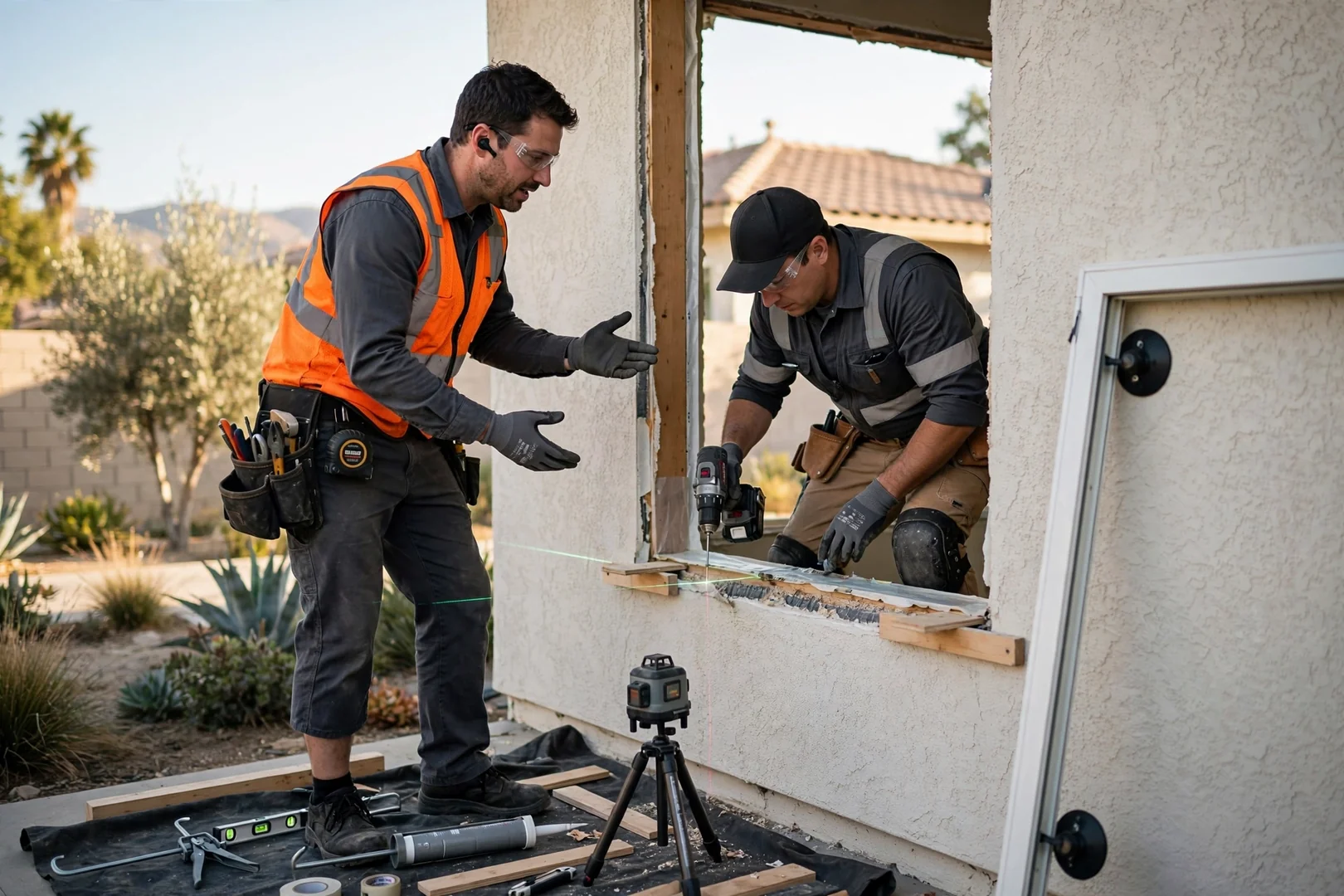 Technician installing a curved bow window assembly on a West Covina home exterior