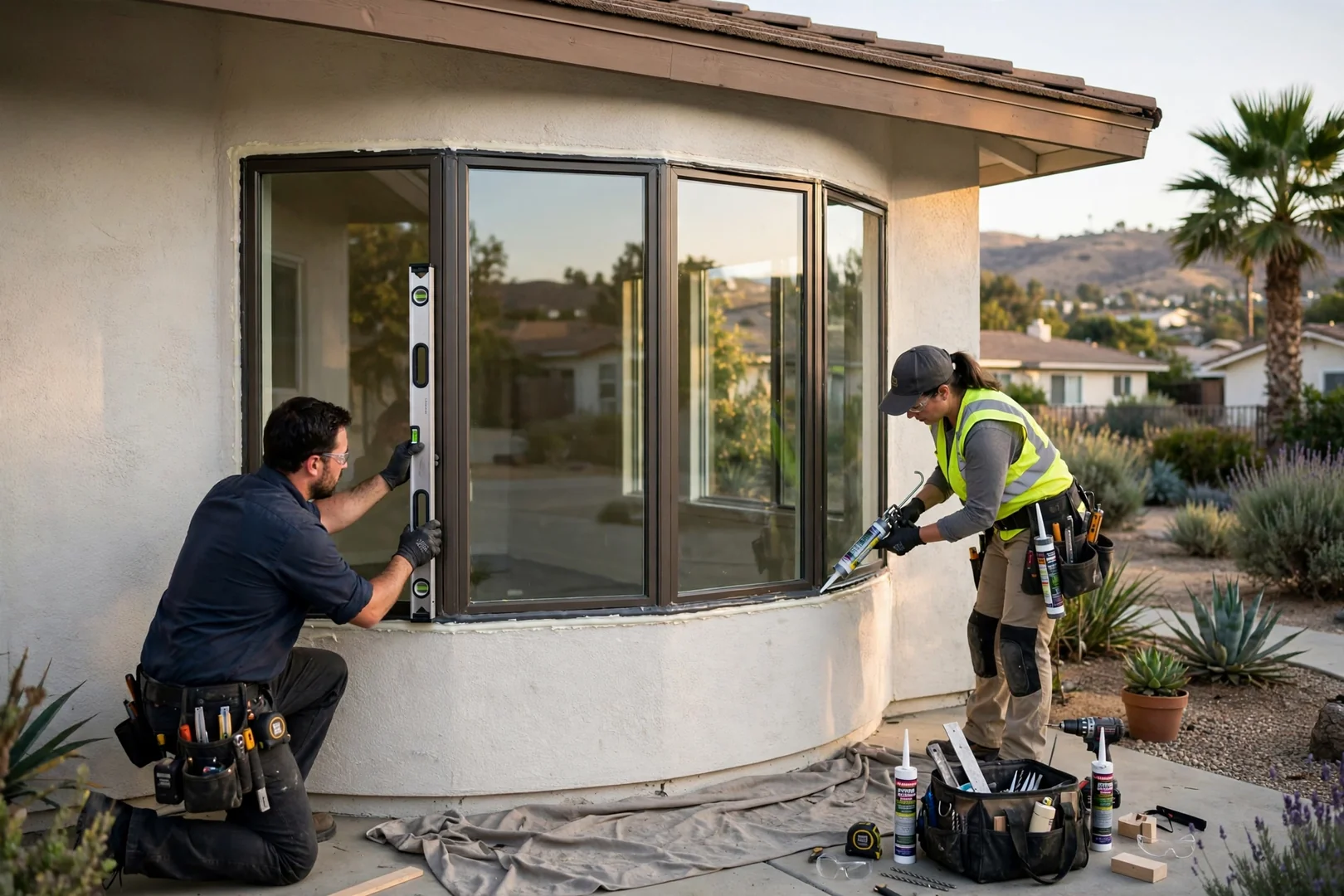 Curved four-lite bow window installed on a West Covina ranch home exterior