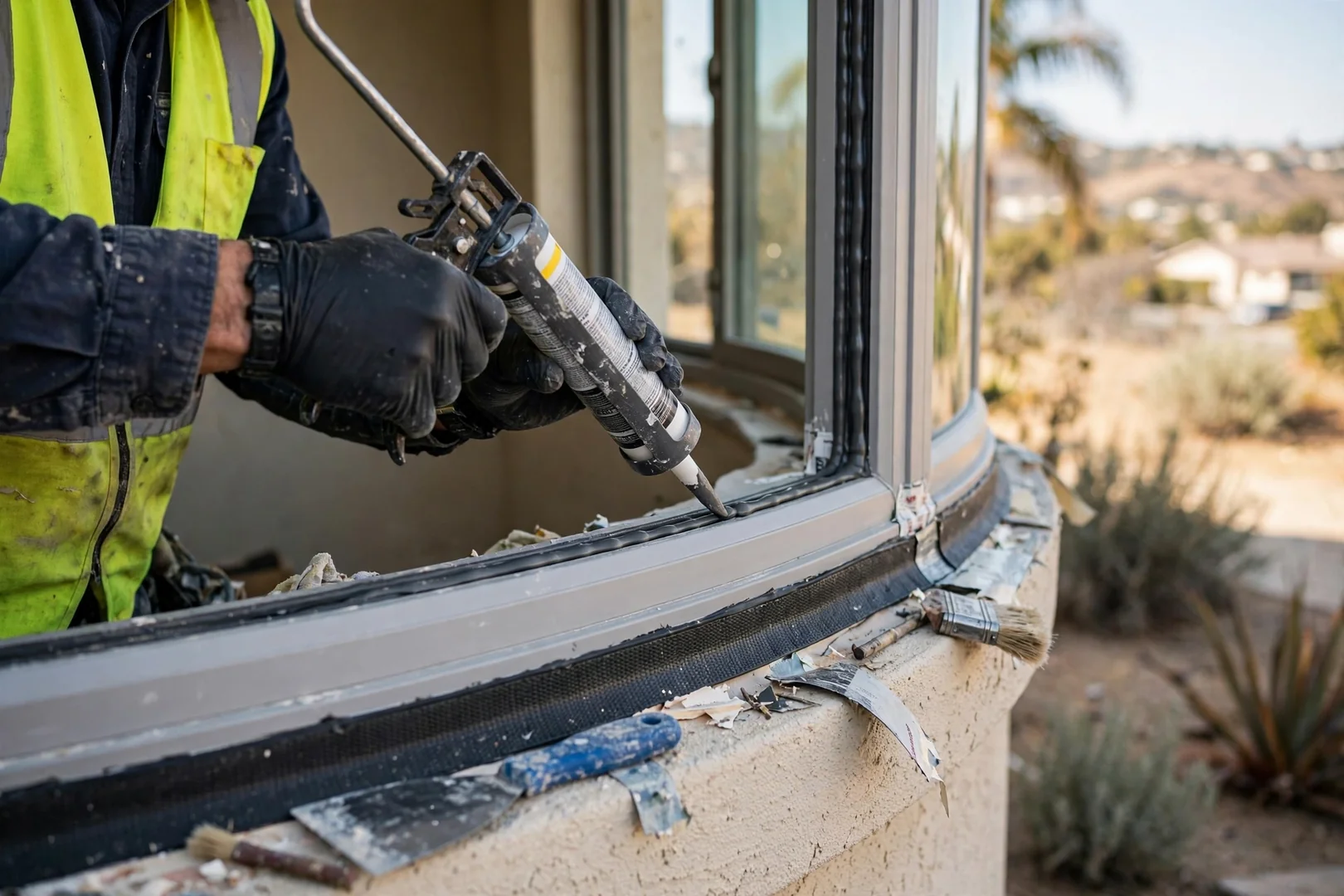 Close-up of sealant bead and jamb flashing along a new bow window frame