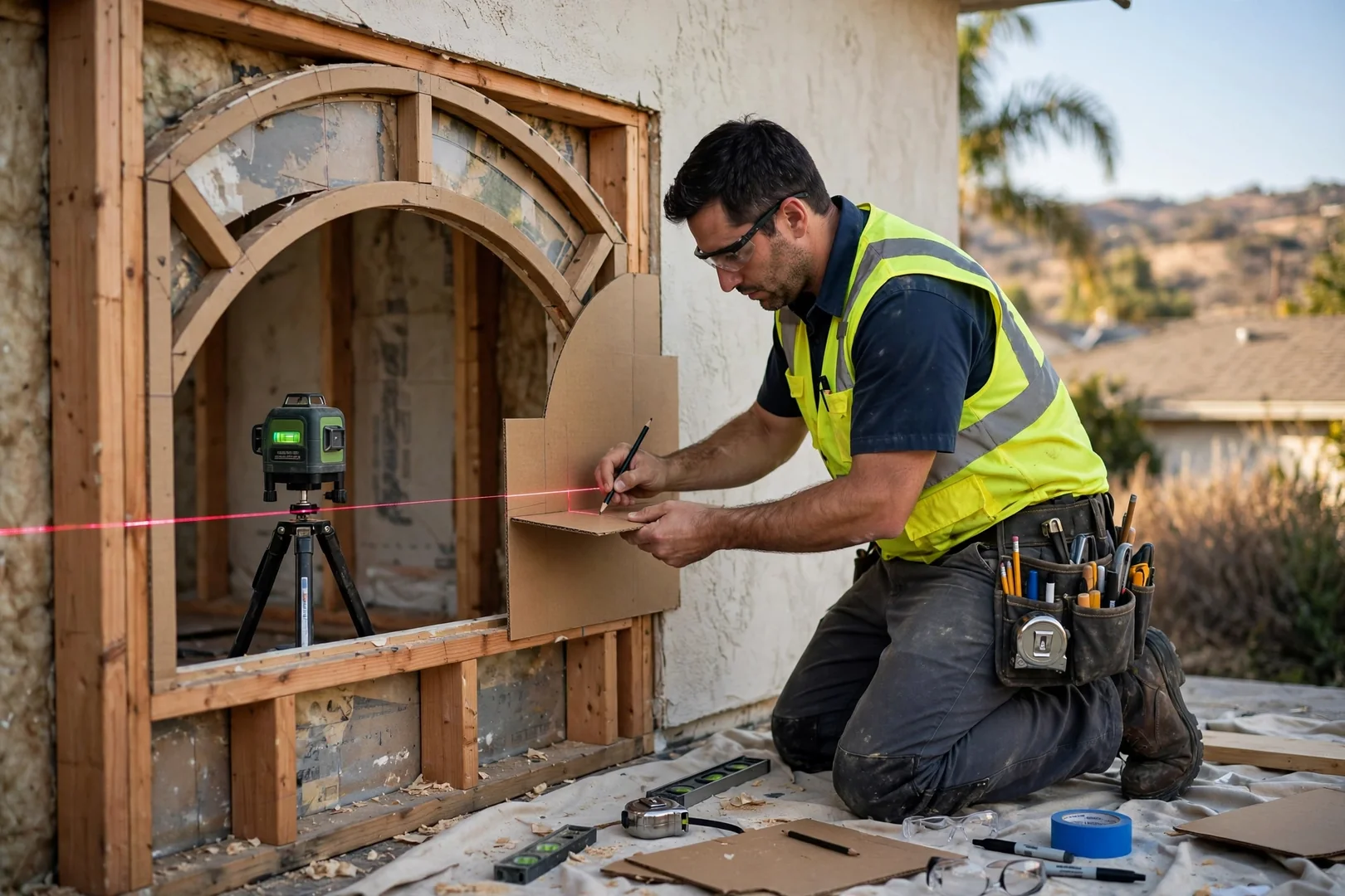 Technician templating a radius bow window opening with a laser level