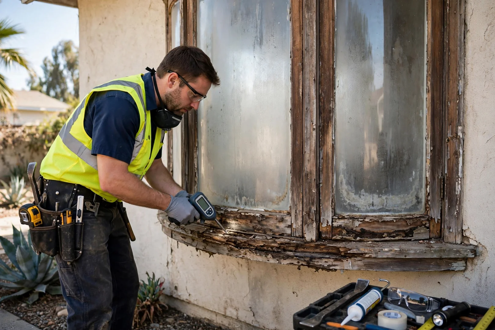Aged wood bow window with fogged glass and rot before replacement work begins