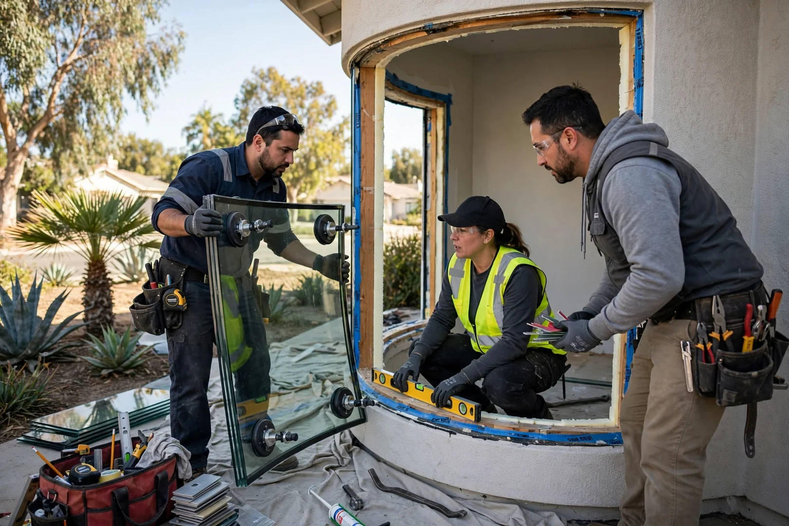 Crew dry-fitting insulated glass units into a curved bow window opening