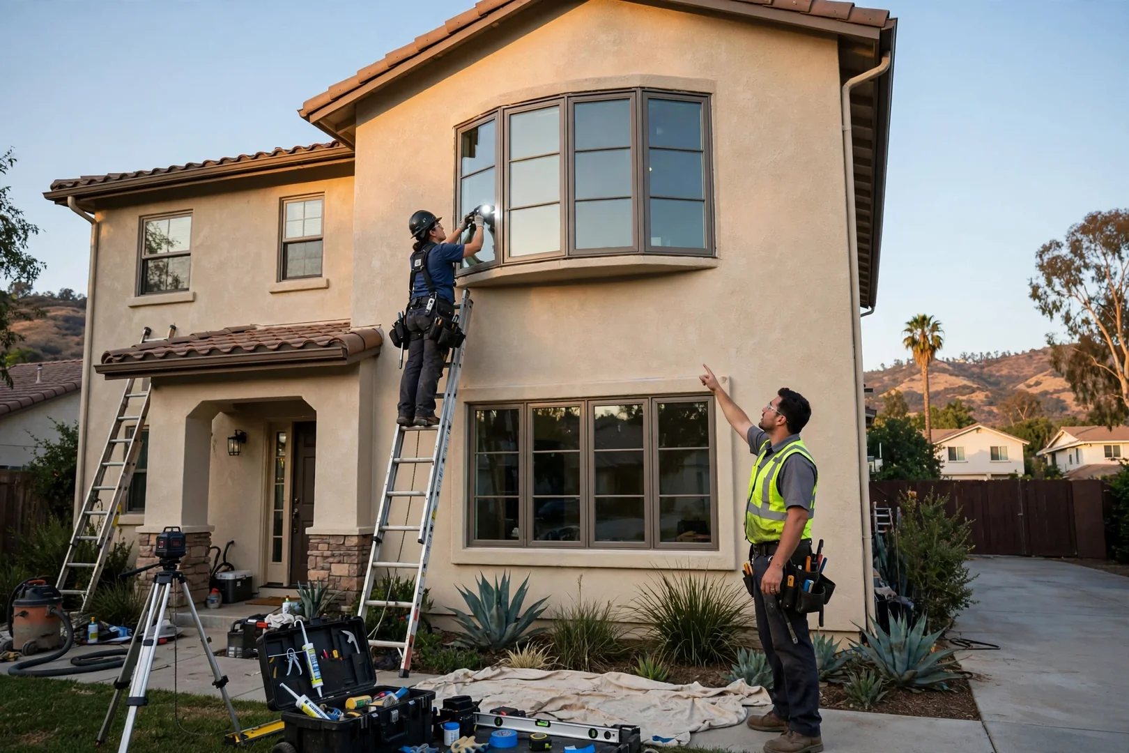 Wide shot of finished six-lite bow window on a two-story stucco elevation