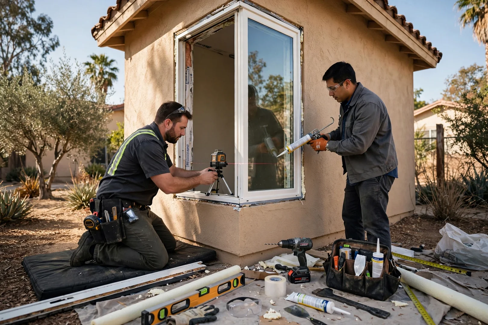 Crew setting a curved bow window unit in place