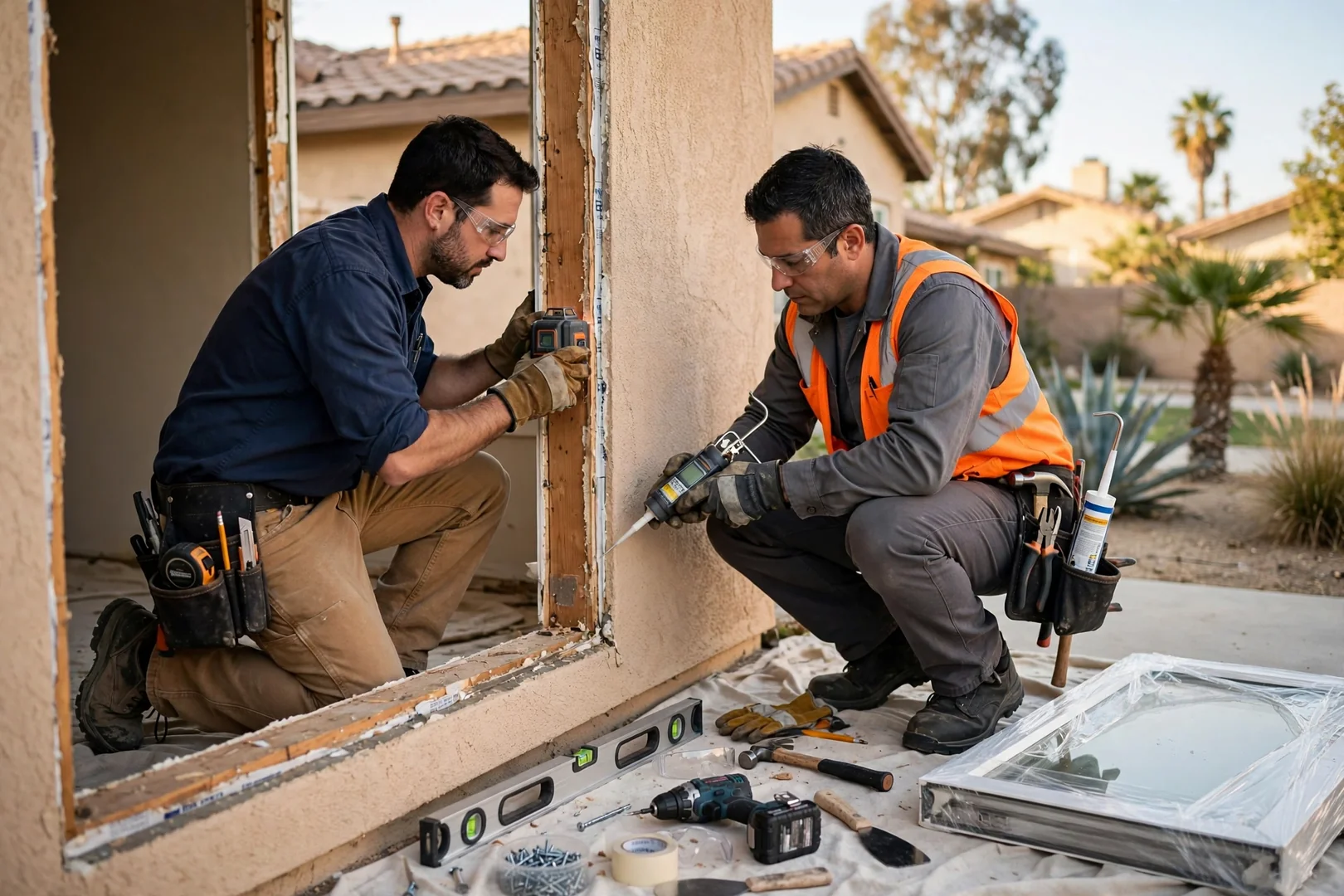 Technician measuring a casement window opening while preparing a written replacement estimate