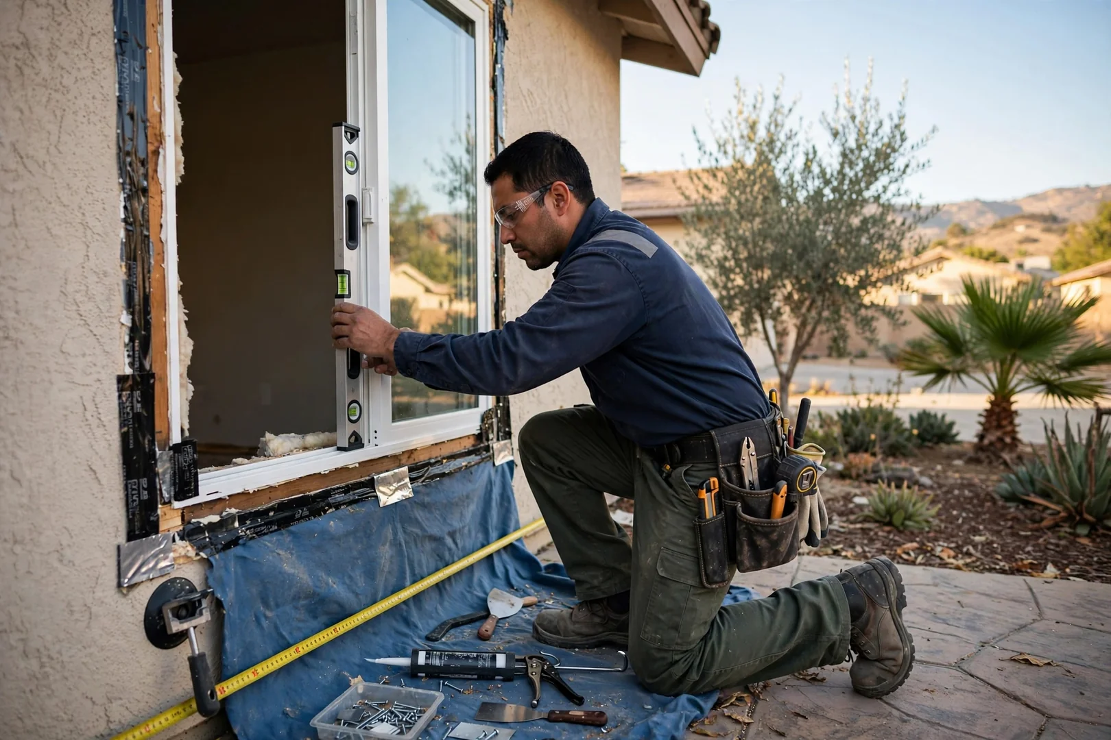 Technician setting a new casement window frame plumb in a West Covina home opening