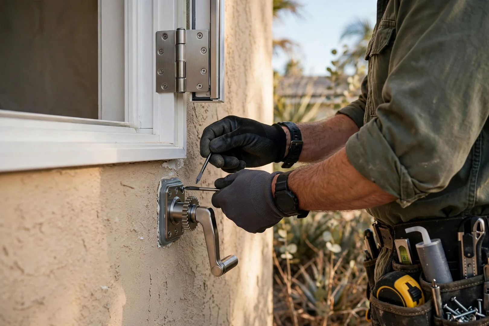 Close-up of a new casement sash hinge and crank operator installed on a stucco wall