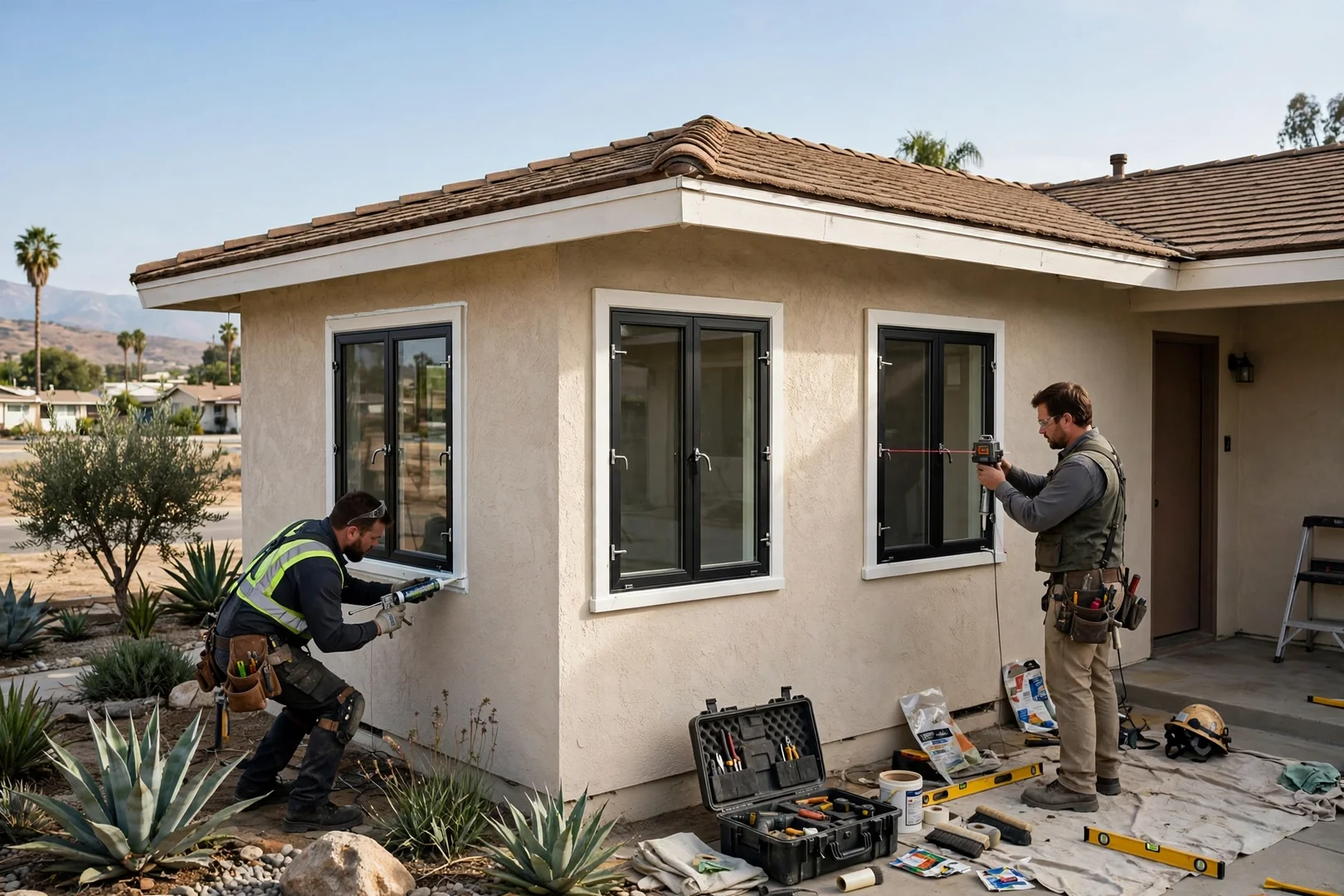 Wide shot of a West Covina ranch home with three replacement casement windows finished
