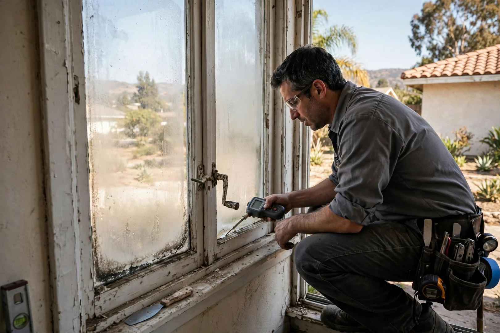 Older casement window with failed seal and worn crank shown before replacement work