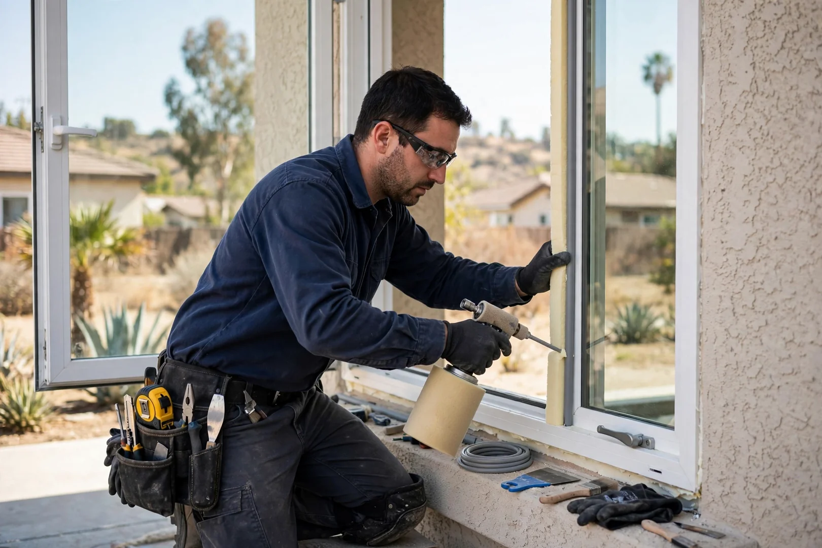 Installer applying low-expansion foam and backer rod around a new casement frame