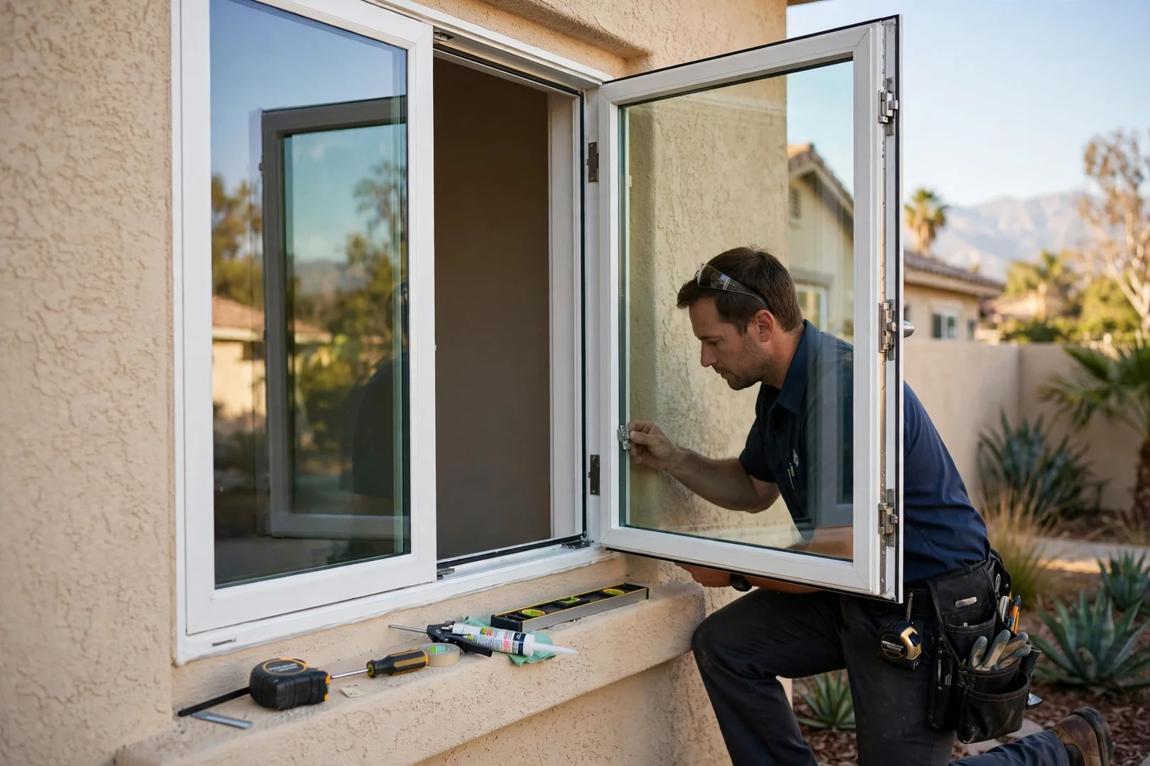 Finished energy efficient casement window with Low-E glass open to full arc position