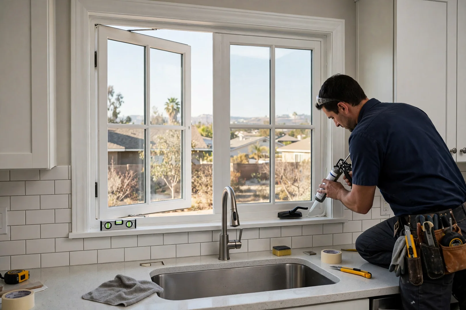 Kitchen casement window over sink completed with clean interior trim and sealed jamb