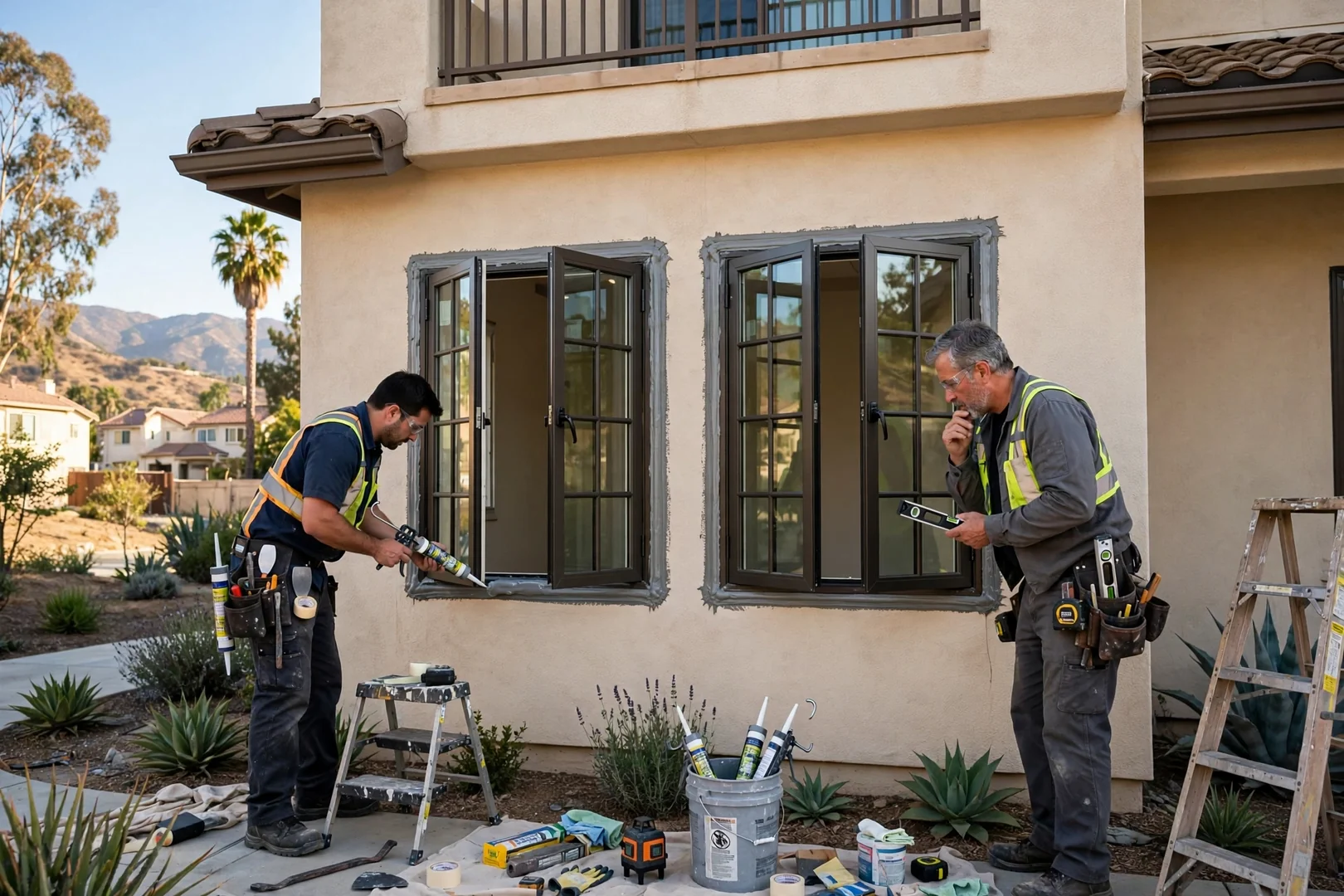 Two-story home exterior with paired casement replacements and fresh exterior sealant lines
