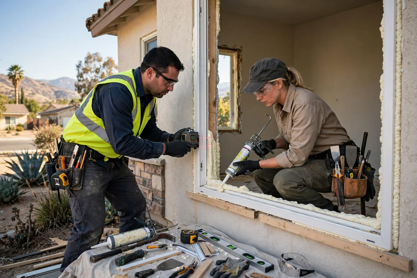 Technician measuring a double hung window opening during a cost assessment visit