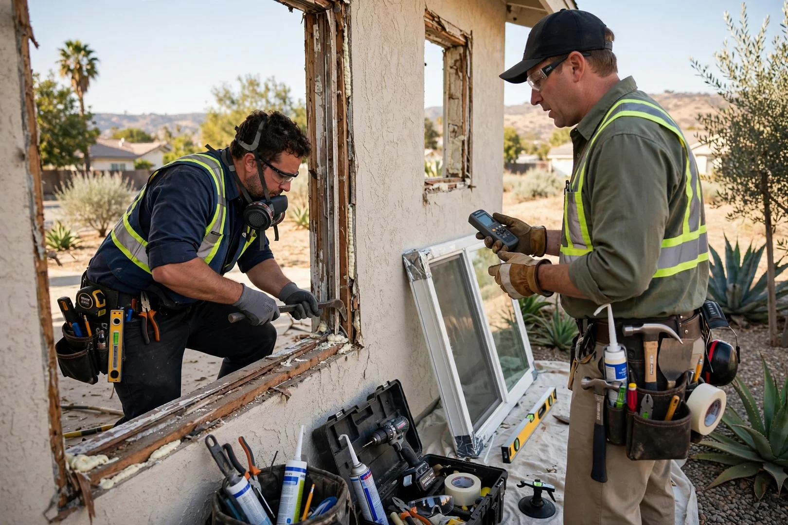 Technician setting a new double hung window into a prepared opening on a West Covina home