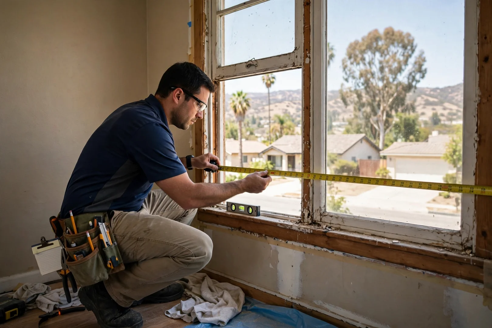 Technician measuring a double hung window opening in a West Covina home