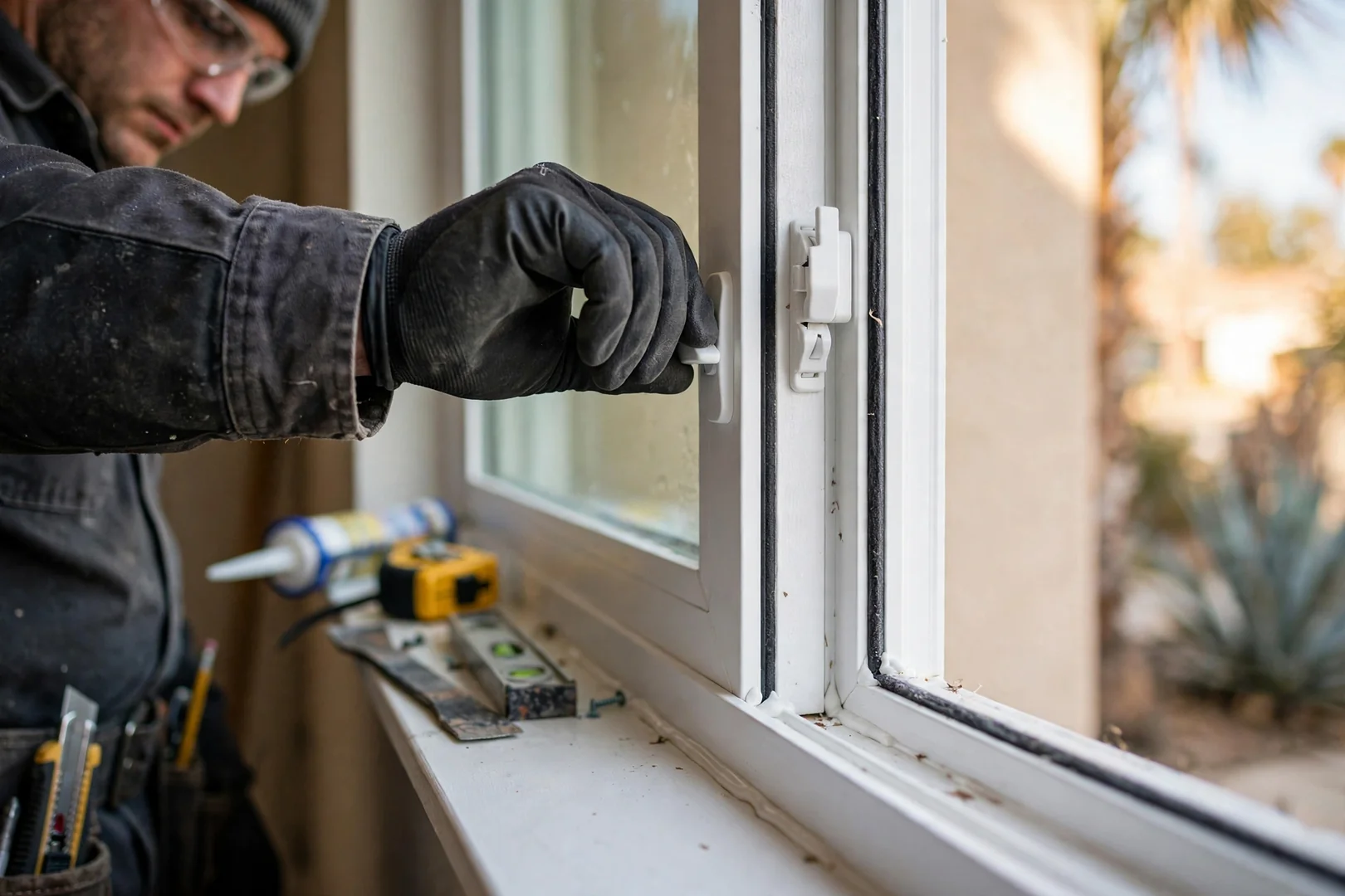 Close-up of new vinyl double hung sash with tilt latch engaged