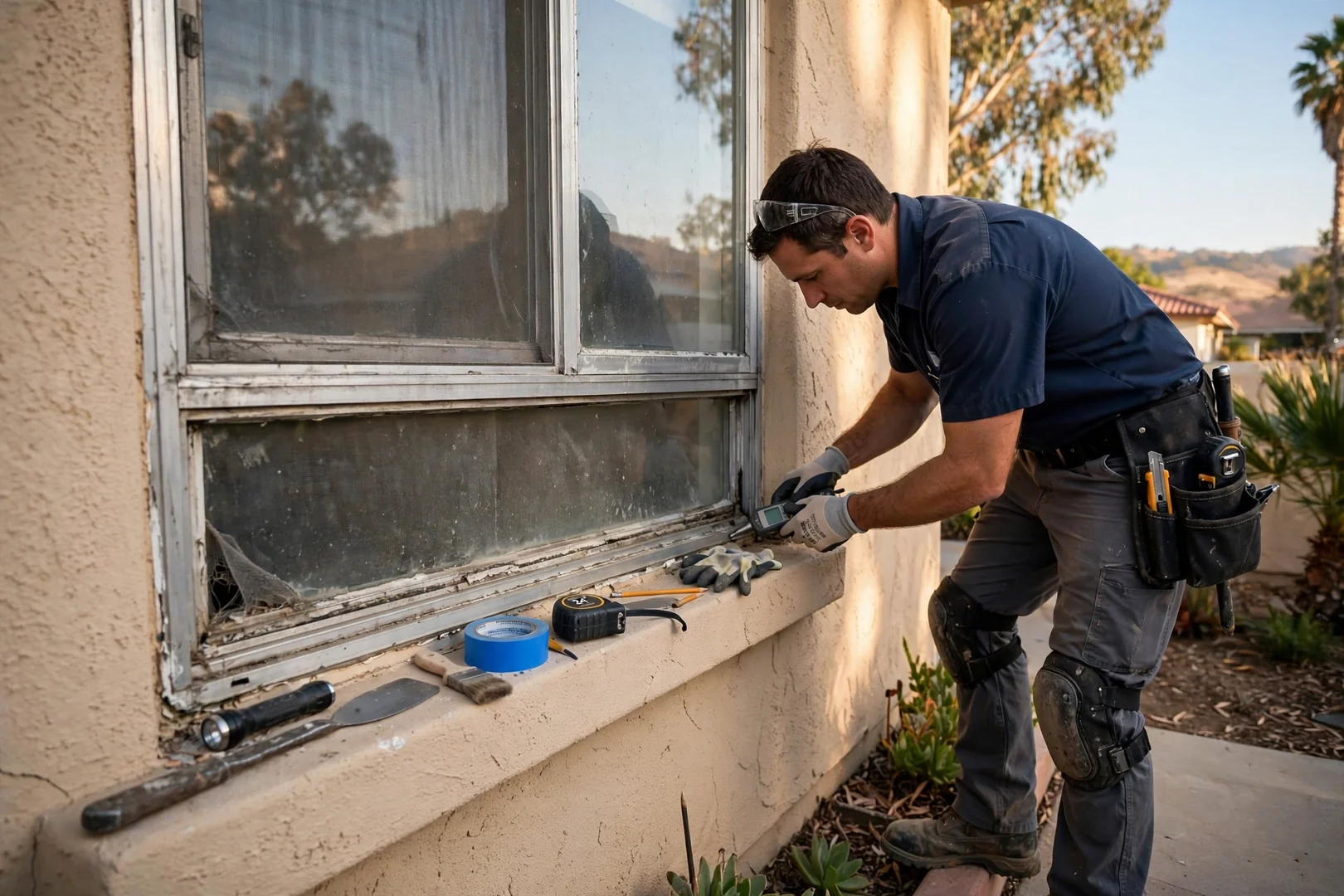 Aging aluminum double hung window before full-frame retrofit replacement