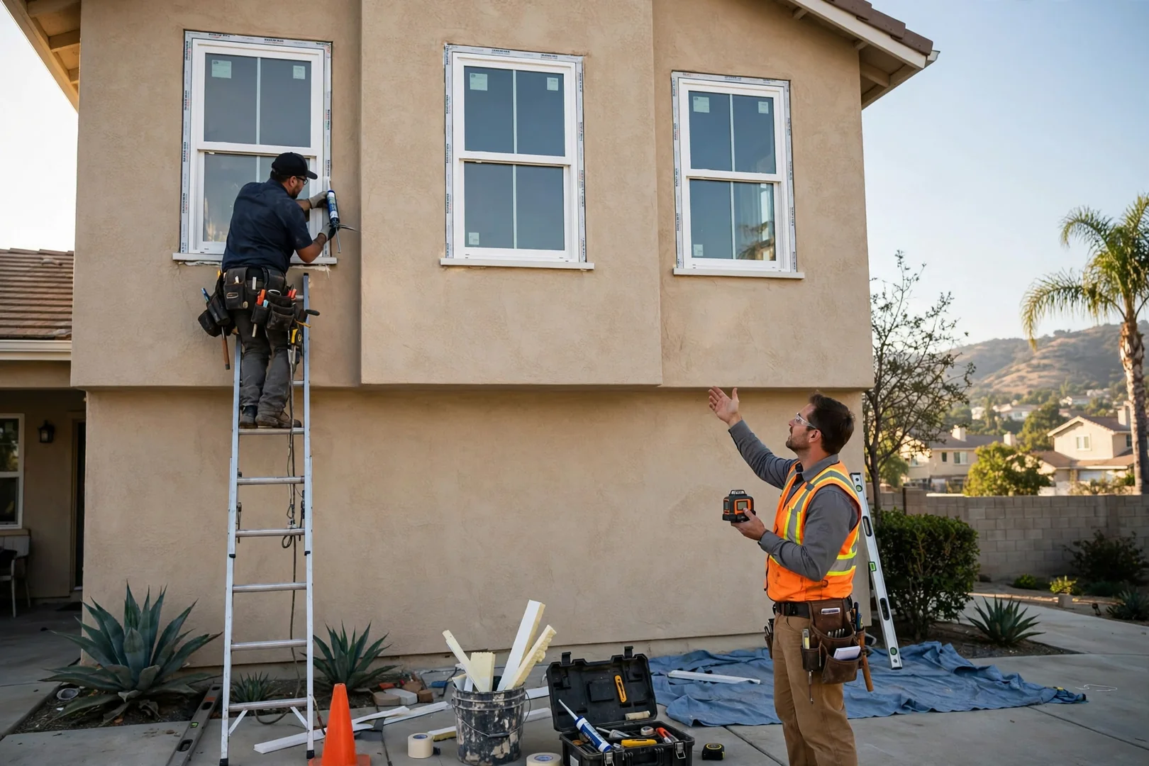 Two-story stucco home elevation with newly installed double hung windows