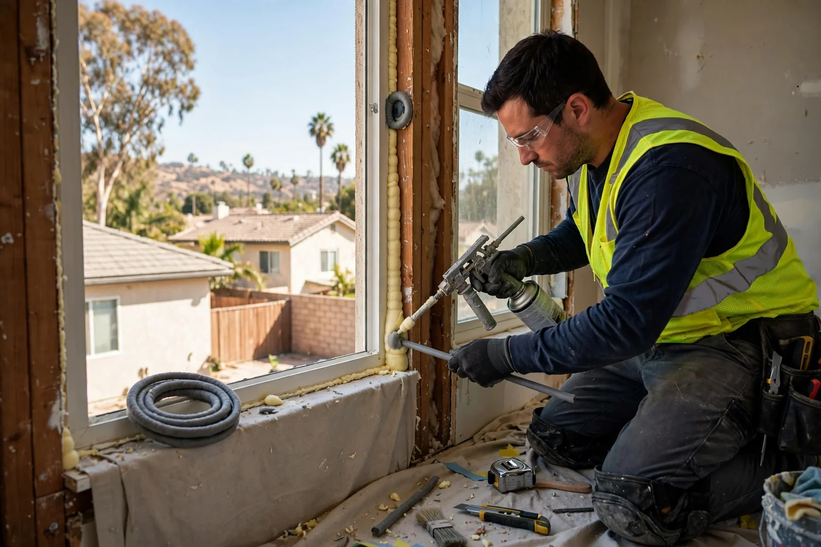Installer applying low-expansion foam and backer rod around window jamb
