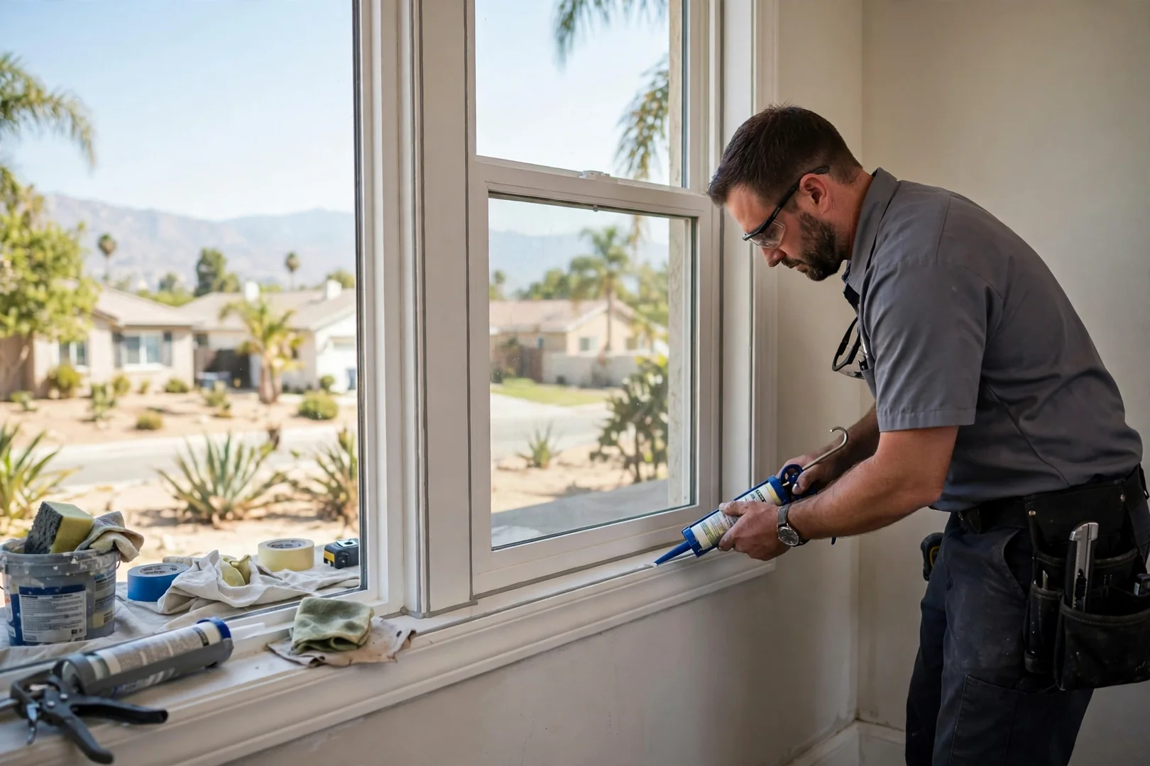 Finished double hung window interior trim with clean caulk lines