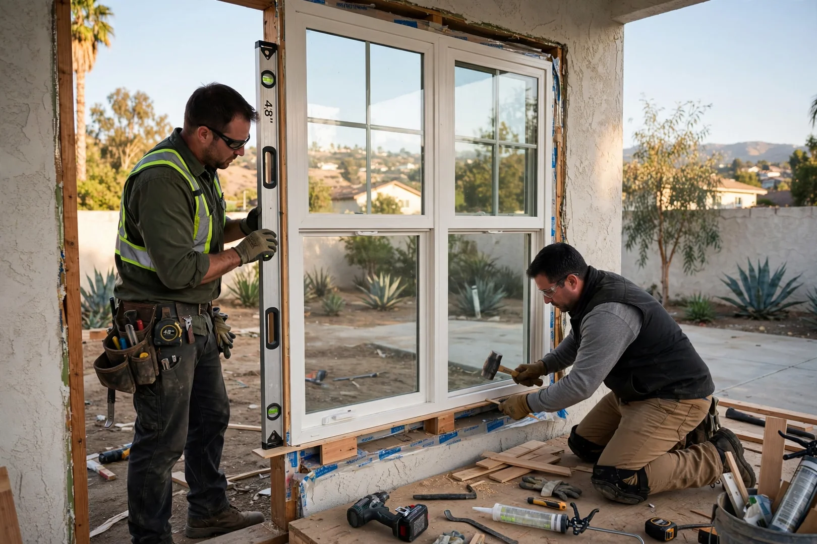 Crew setting a double hung insert unit level in rough opening