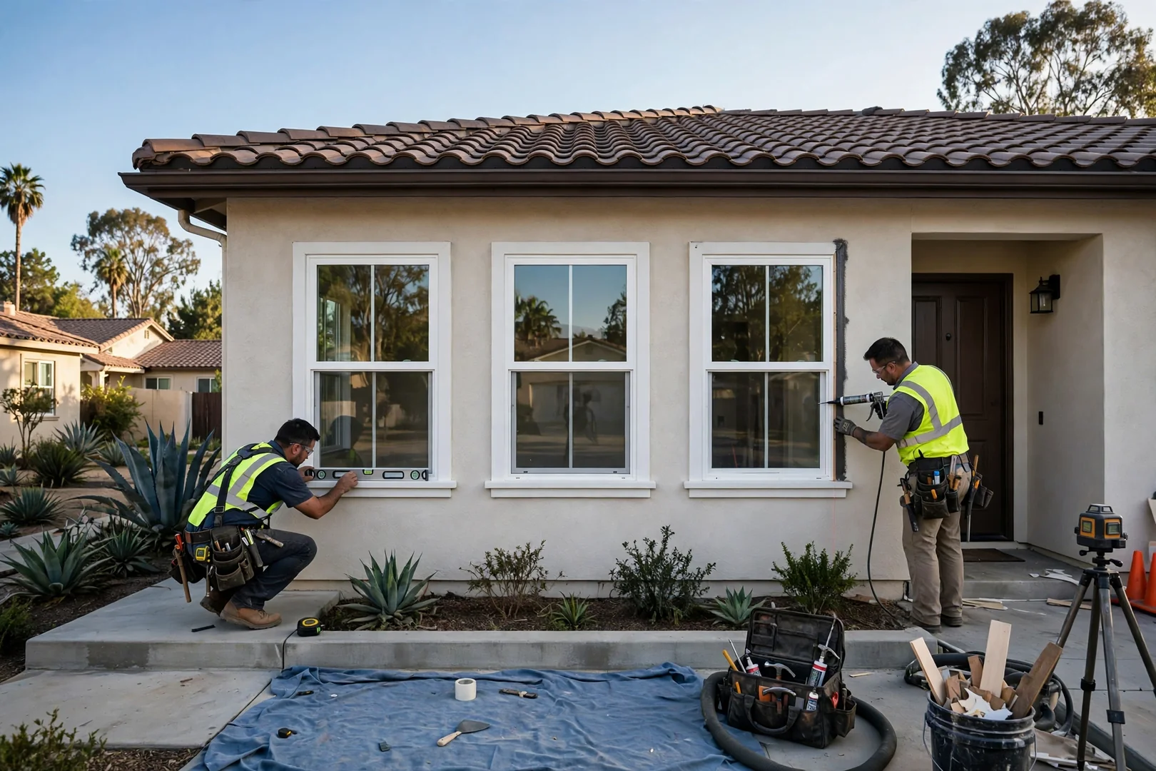 Wide view of front facade showing matched double hung window replacements