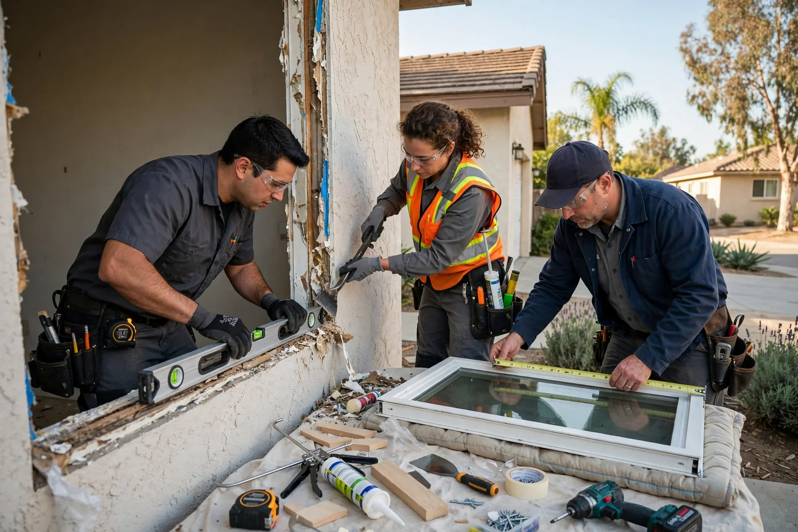 Installer setting a new double hung window unit