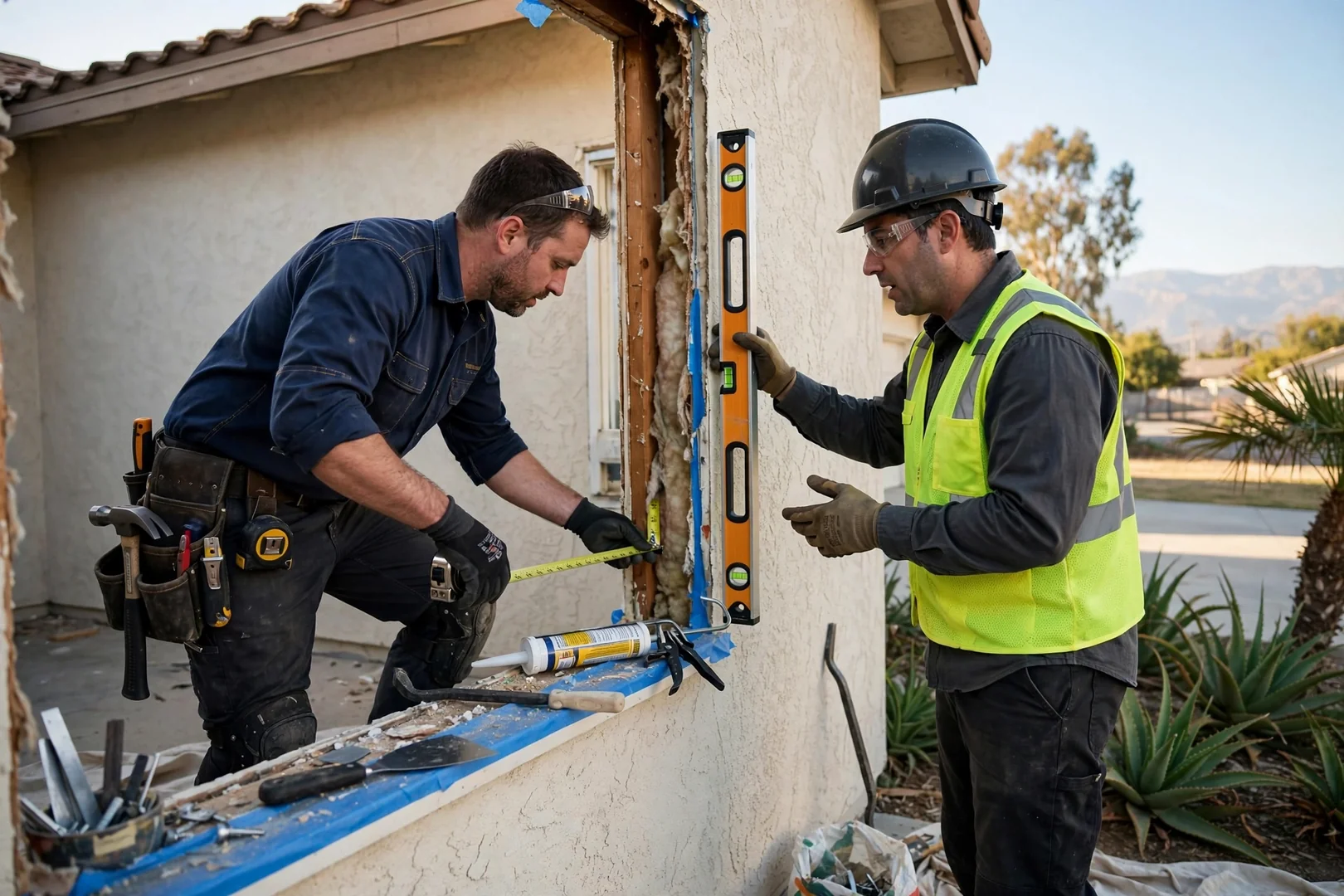 Technician measuring a basement wall opening before egress window installation in West Covina