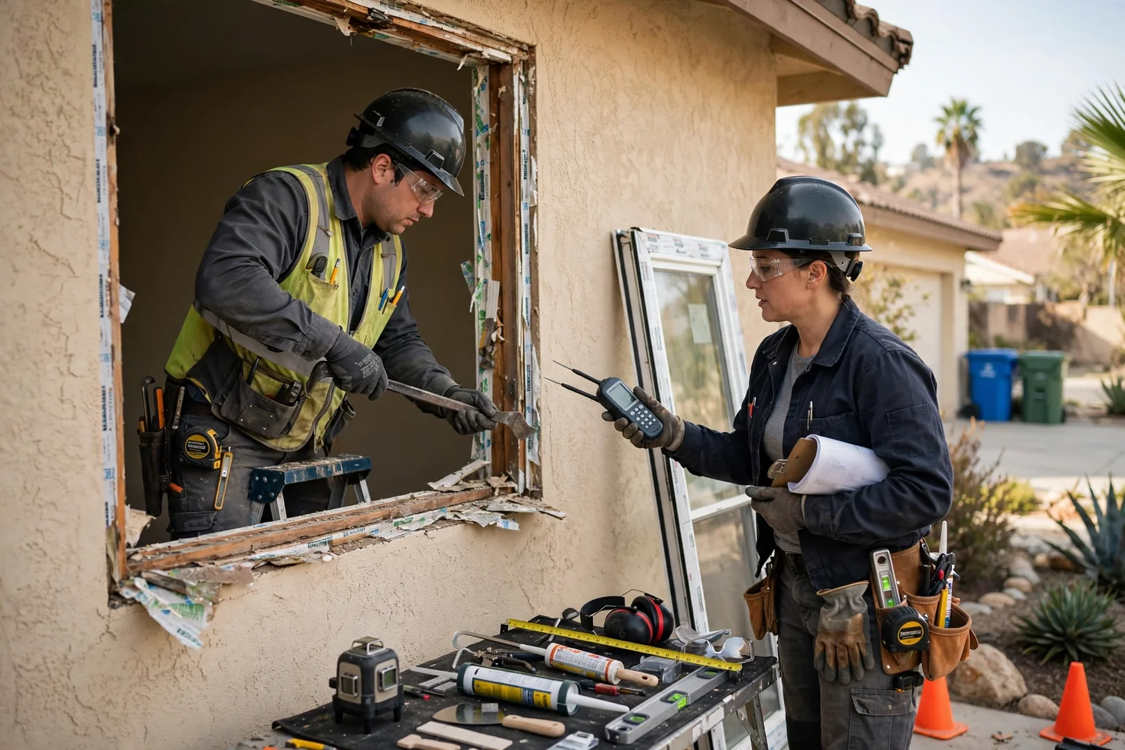 Technician installing an egress window with a new header in a West Covina basement