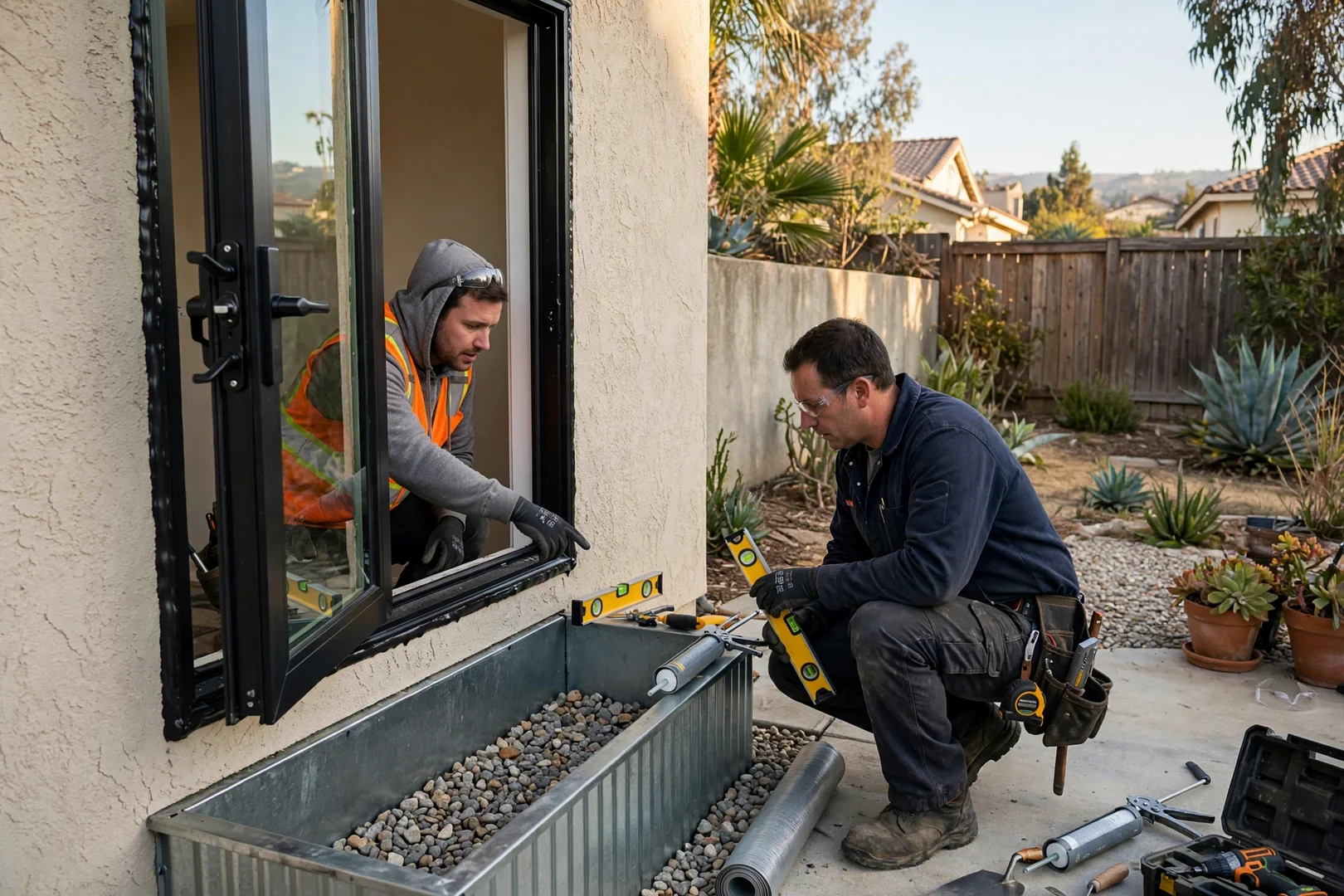 Finished egress casement window and steel window well in a West Covina backyard