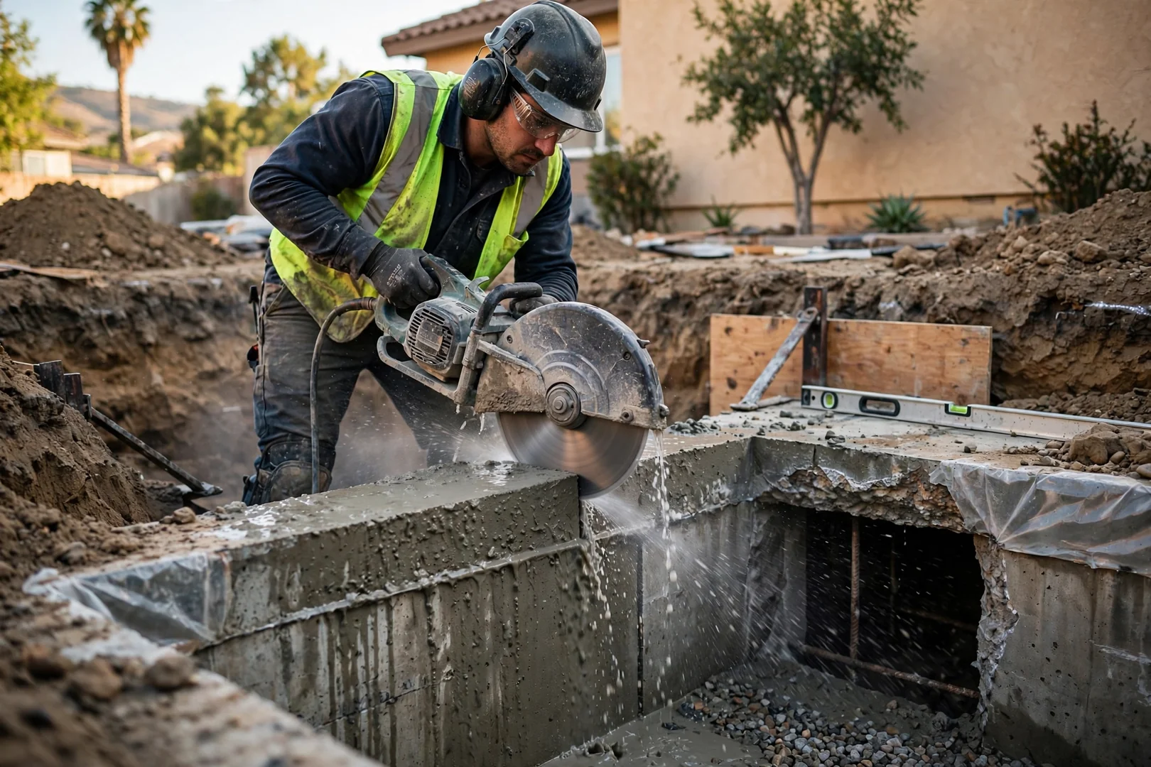 Technician operating a concrete saw to enlarge a below-grade foundation opening