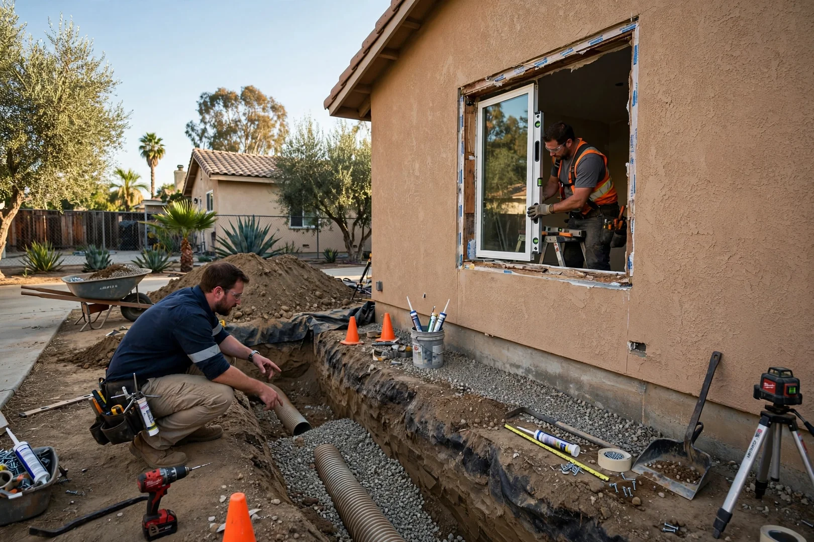 Wide shot of exterior excavation and gravel drainage bed beside a home foundation