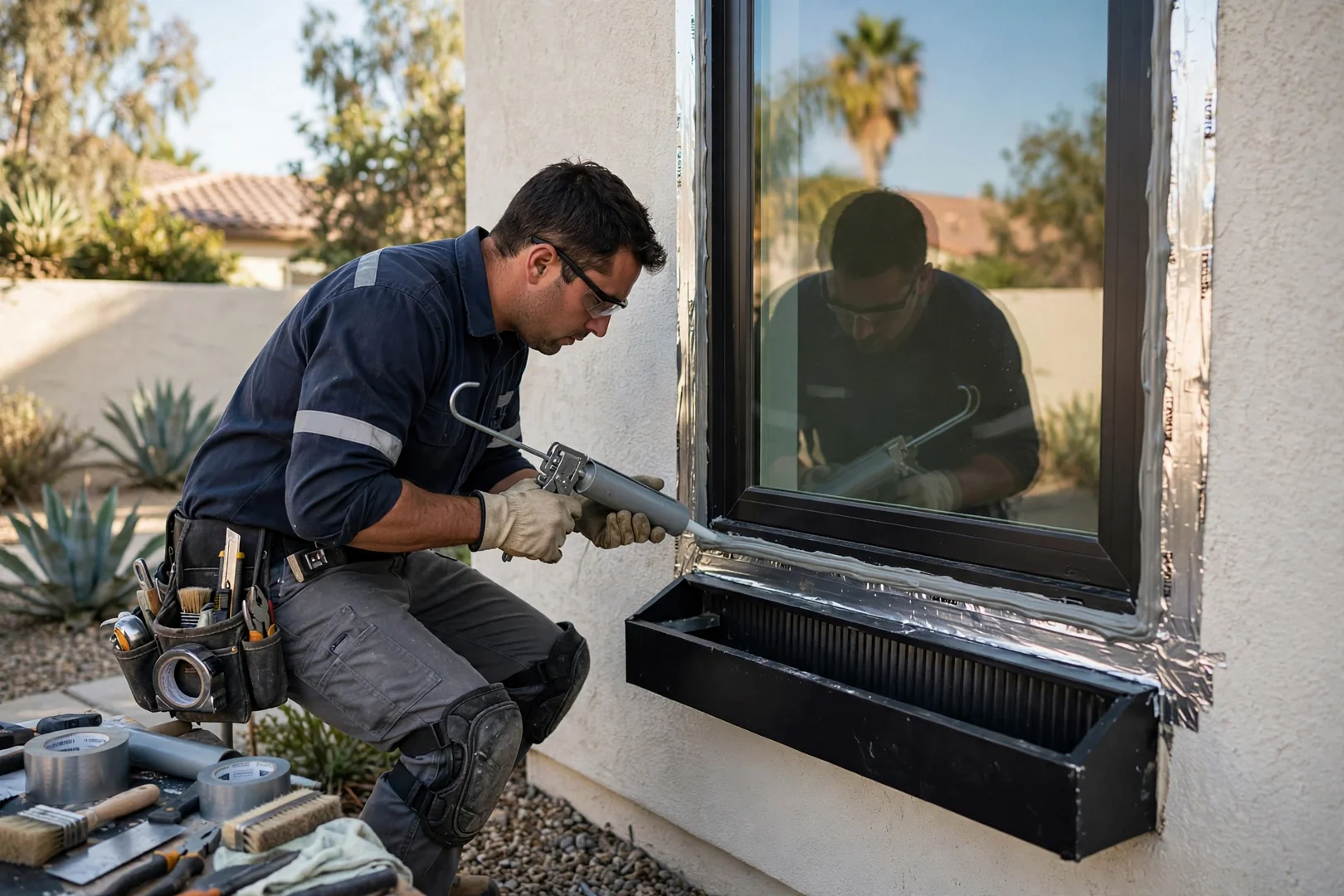 Flashing and sealant detail applied around an installed egress window frame