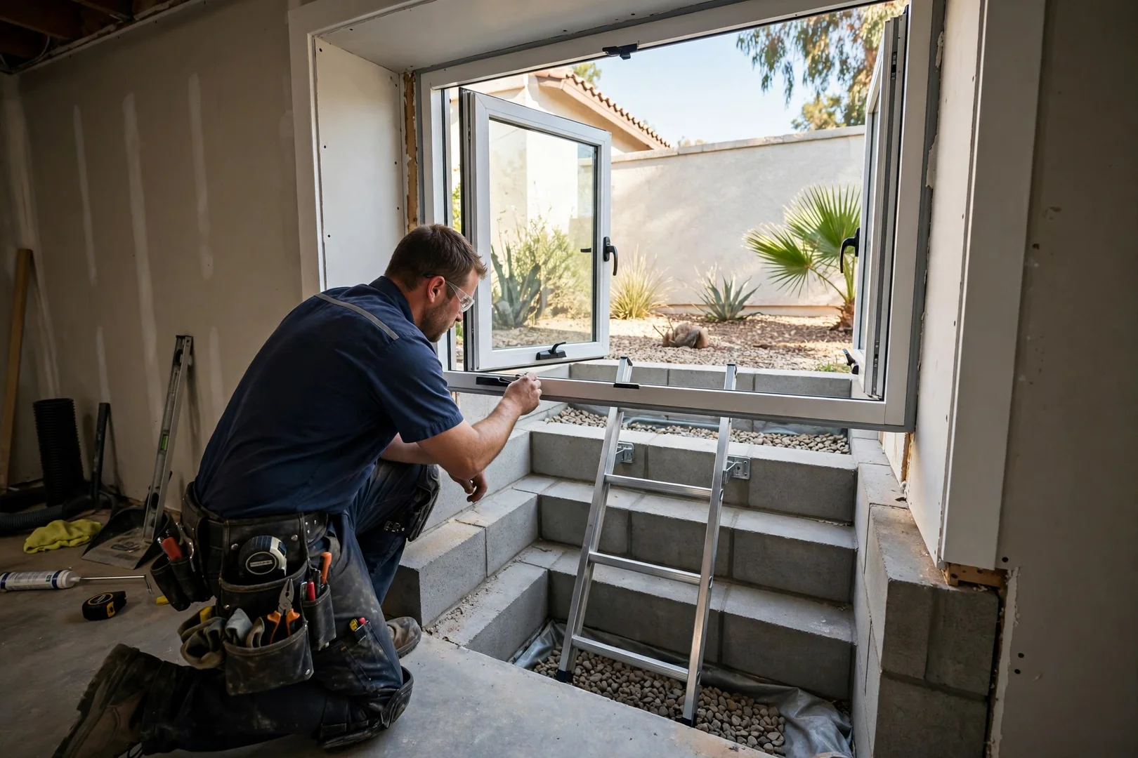 Completed egress window interior view with tiered window well and ladder access
