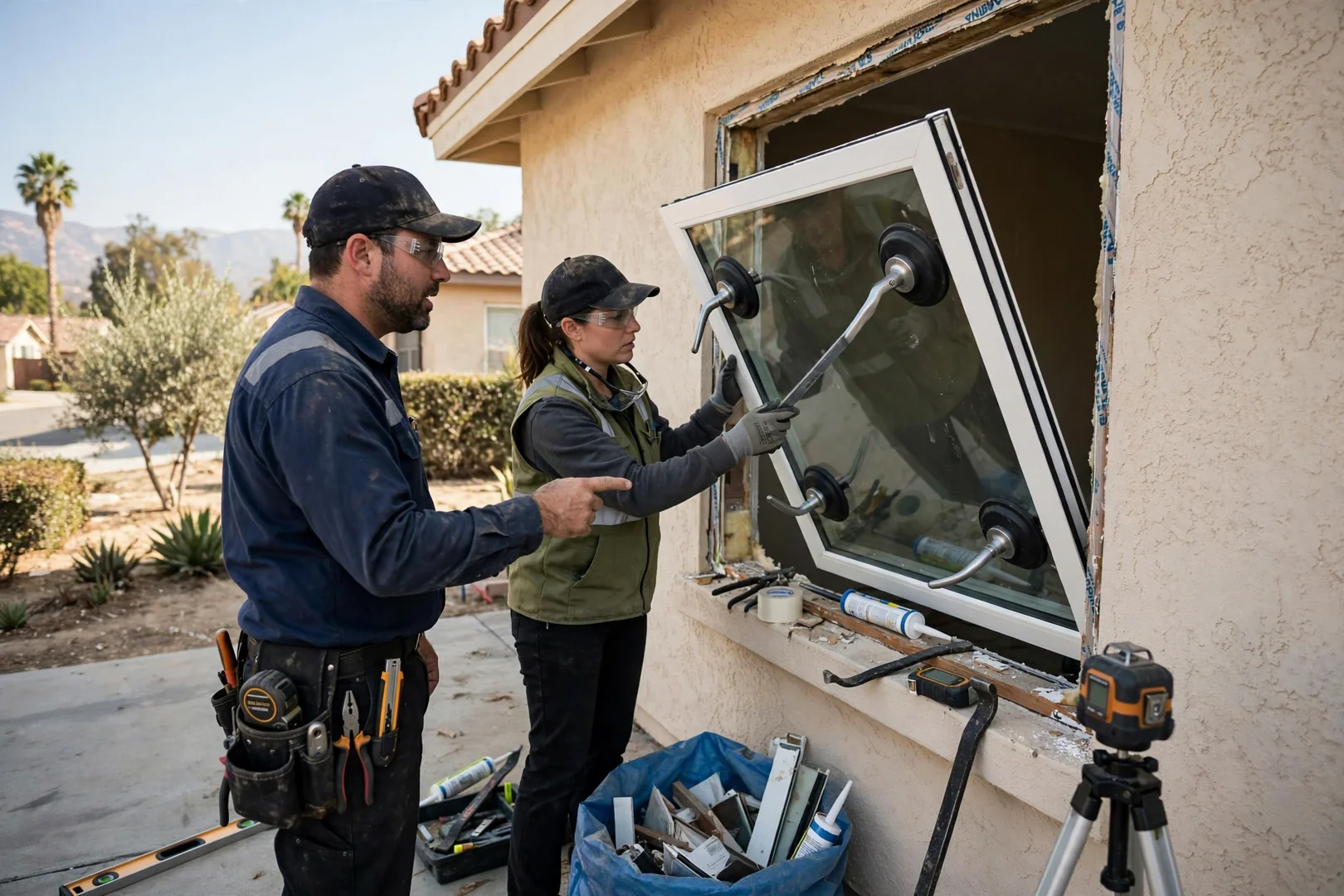 Crew installing an egress window unit in a basement wall