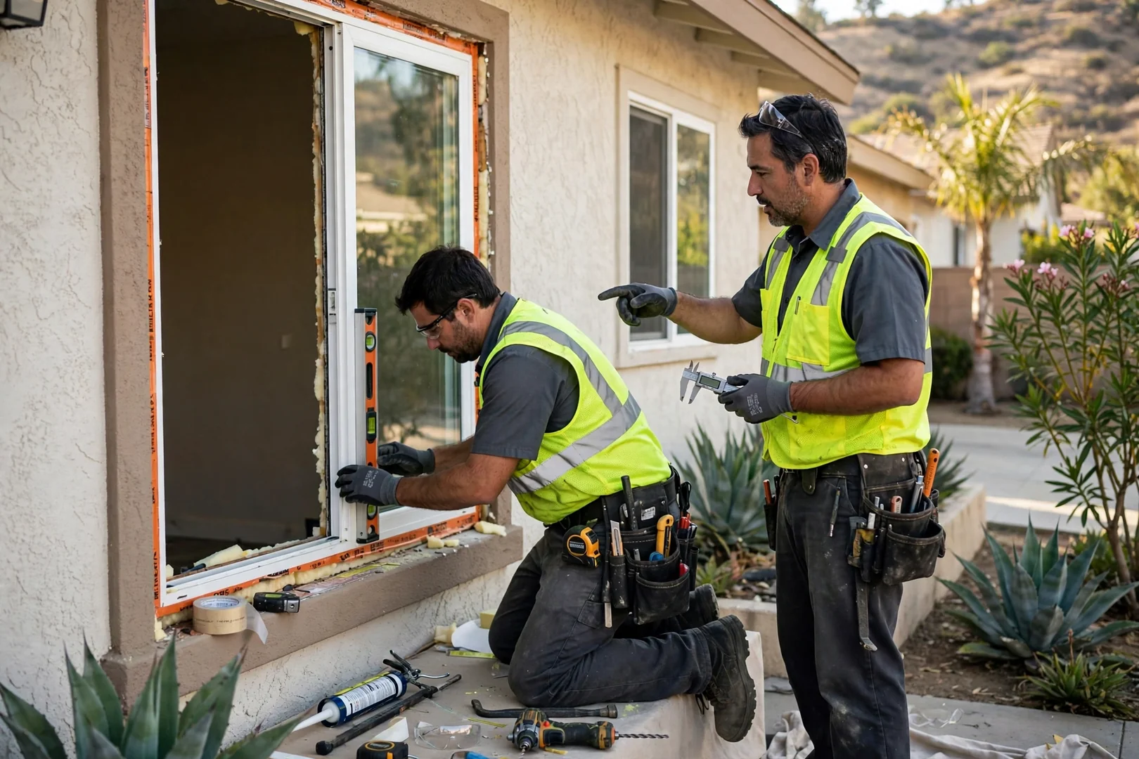 Technician measuring a window opening while preparing a written replacement estimate