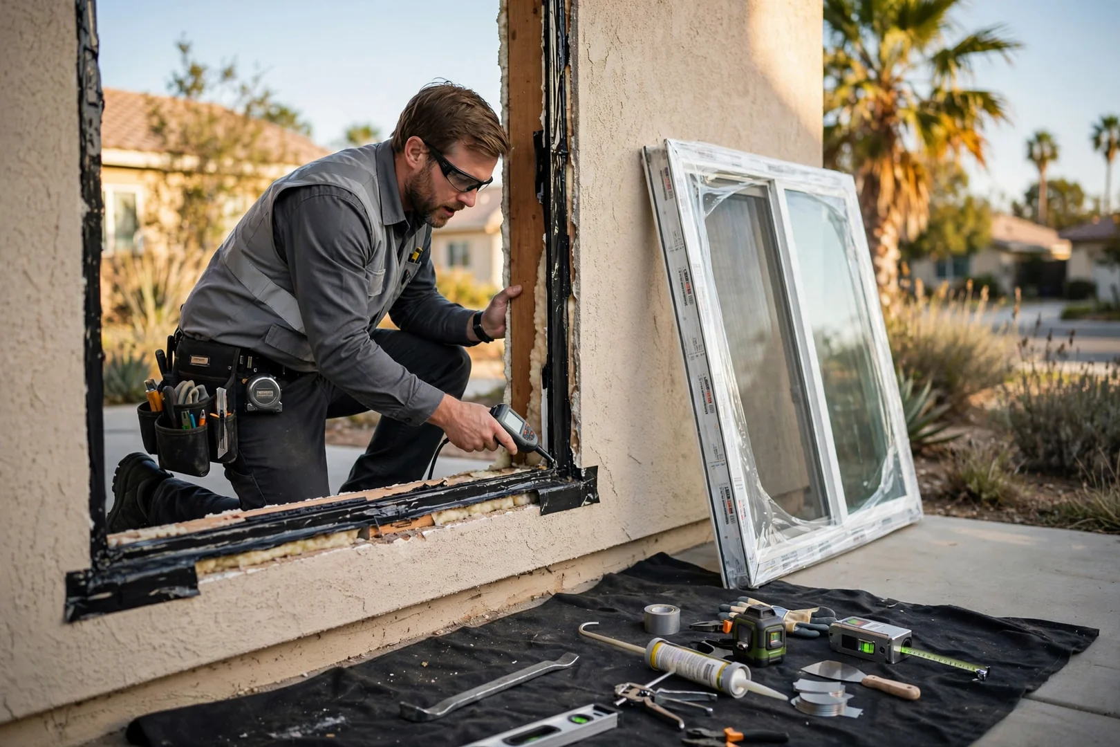 Technician setting a low-E insulated window unit into a leveled opening on a West Covina home
