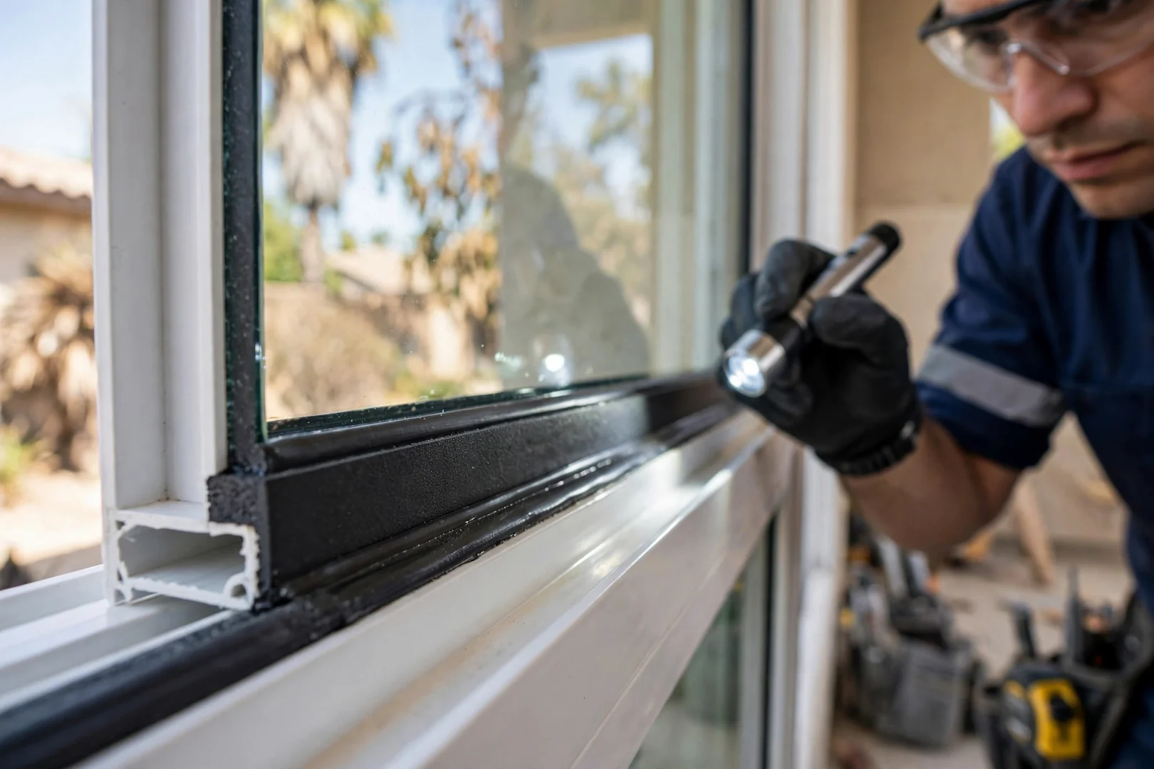 Close-up of insulated glass unit edge seal and warm-edge spacer on new window