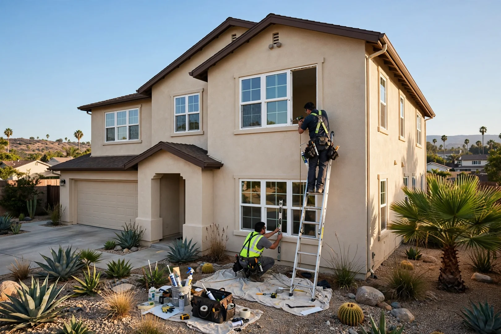Wide exterior view of two-story West Covina home after full-house window retrofit